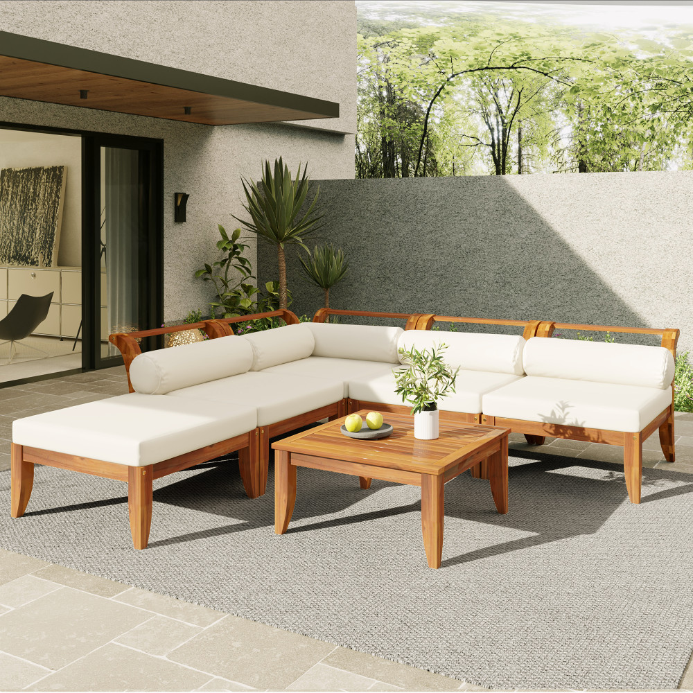 6-Piece Acacia Patio Sofa Set – L-Shaped Sectional Garden Daybed w/ Tea Table