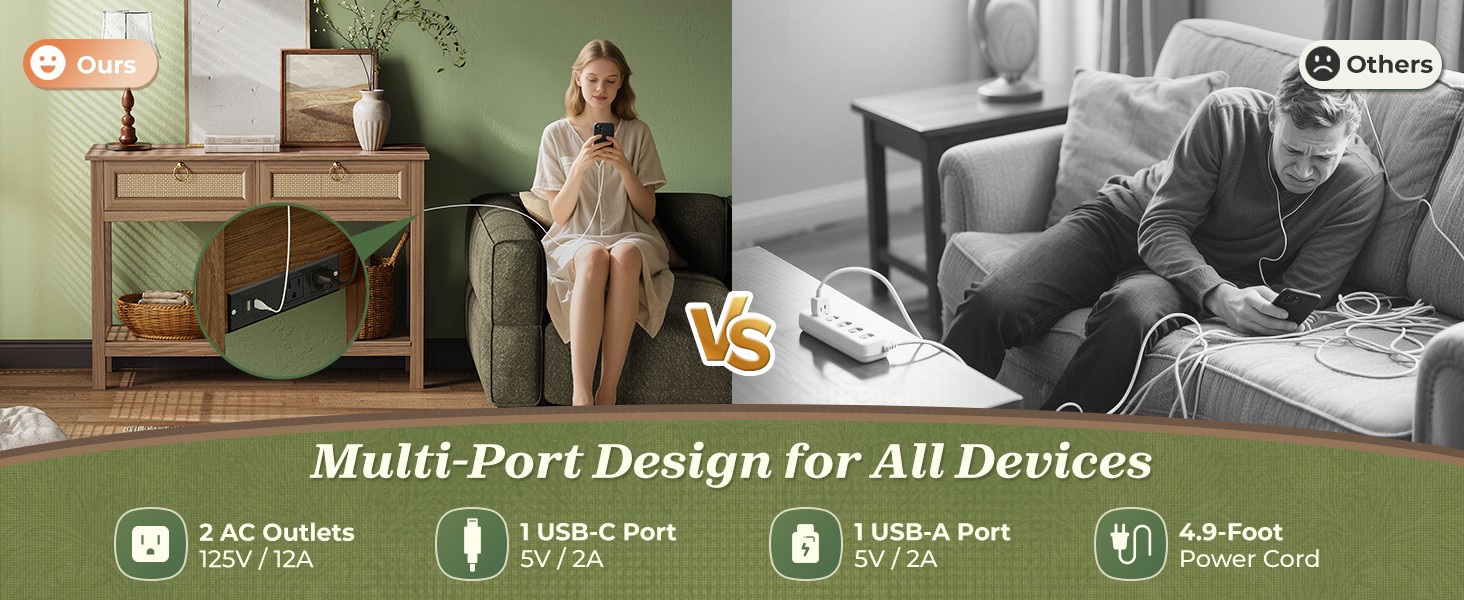 Rattan Console Sofa Table with Outlets and USB-C Port, 3 Der