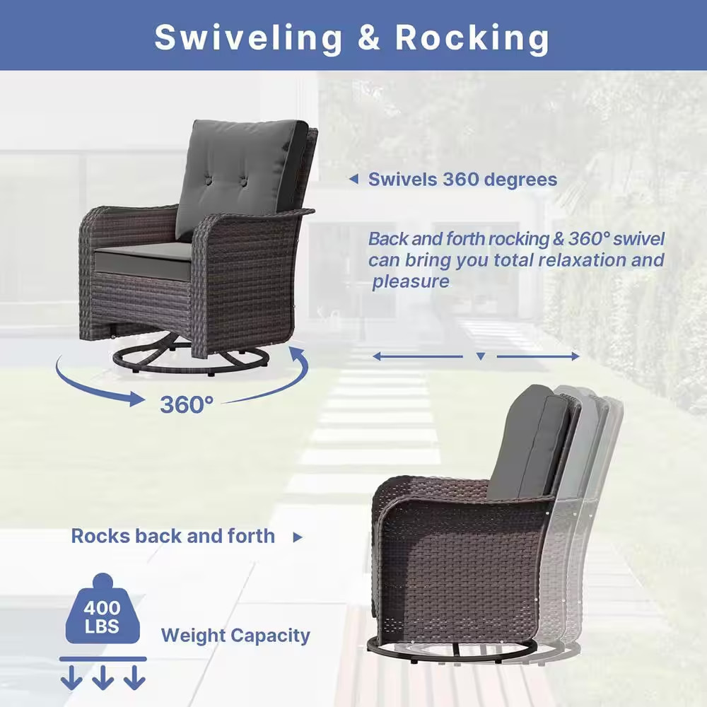3-Piece Wicker Outdoor Rocking Chairs Set with Swivel, 1 Glass Coffee Table and