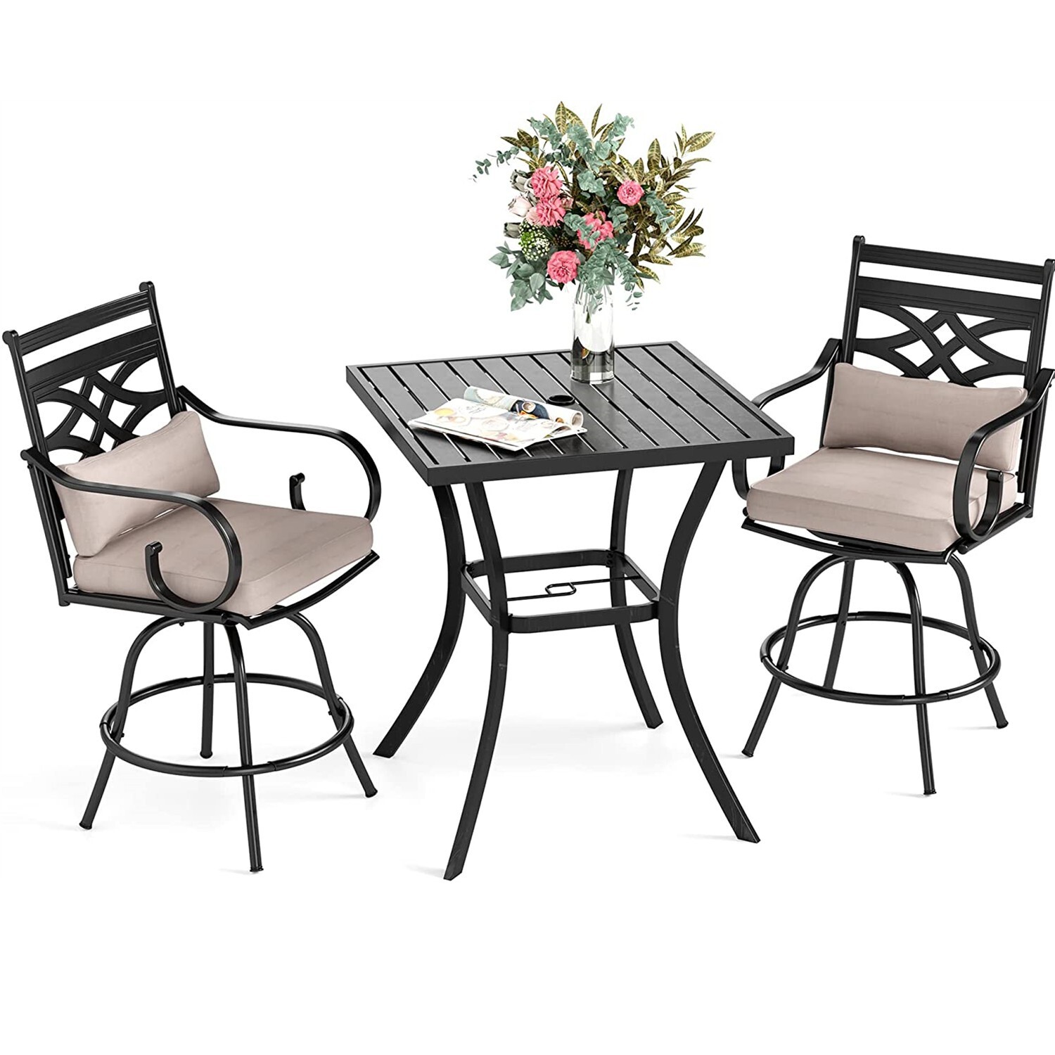 3 Piece Outdoor Patio Bistro Bar Set Swivel Bar Stools & Square Bar Height Table