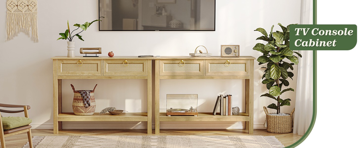 Rattan Console Sofa Table with Outlets and USB-C Port, 3 Der