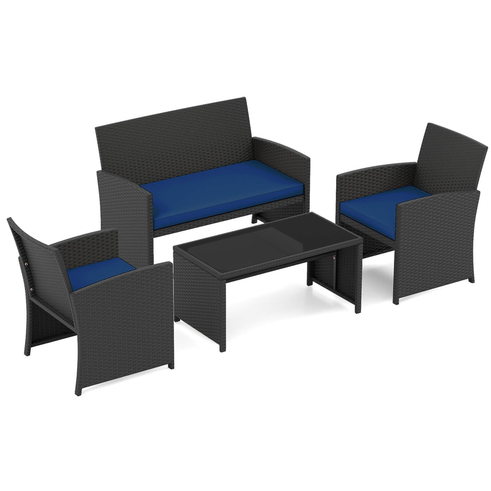 4 PCS Patio Conversation Set w/Seat Cushions & Tempered Glass Tabletop, Porch
