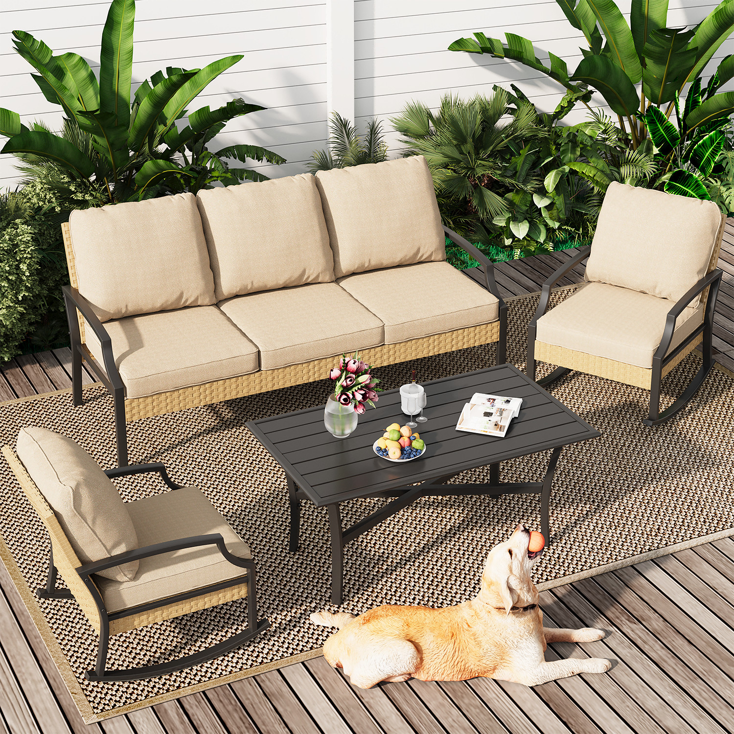 Outdoor Patio Furniture Set with Rocking Chair, 4 Piece Conversation Bistro Set