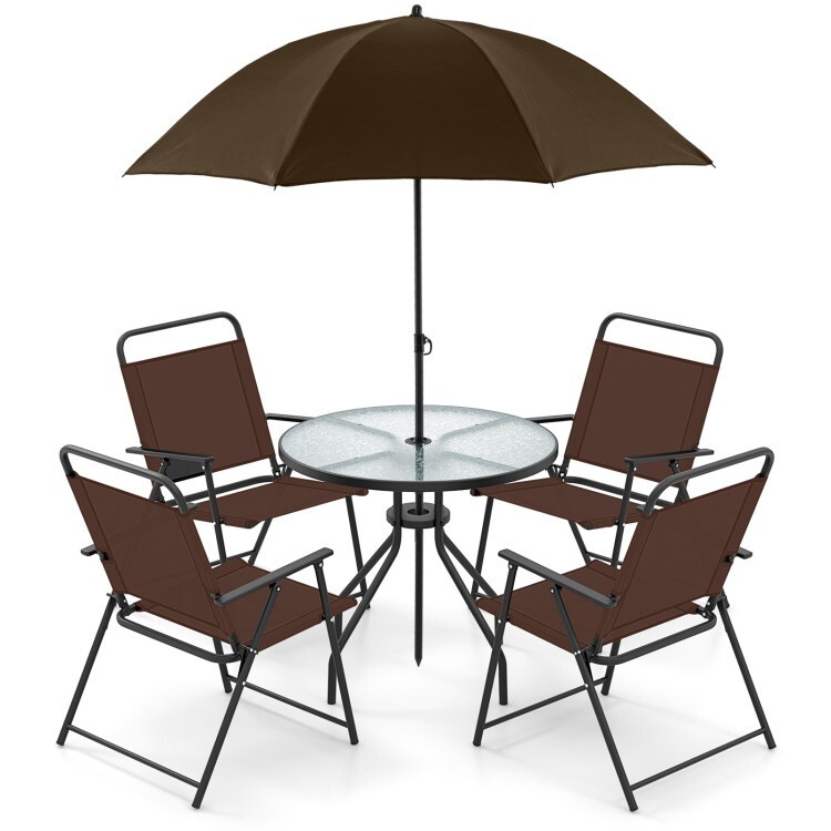 6Pcs Patio Outdoor Dining Folding Chairs & Glass Table Set Tilt Umbrella Garden