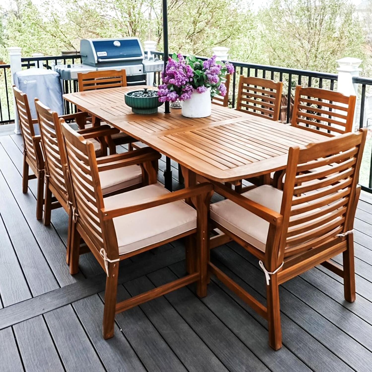 9 PCS Acacia Wood Outdoor Dining Set Patio Furniture Set Wicker Seat and Back