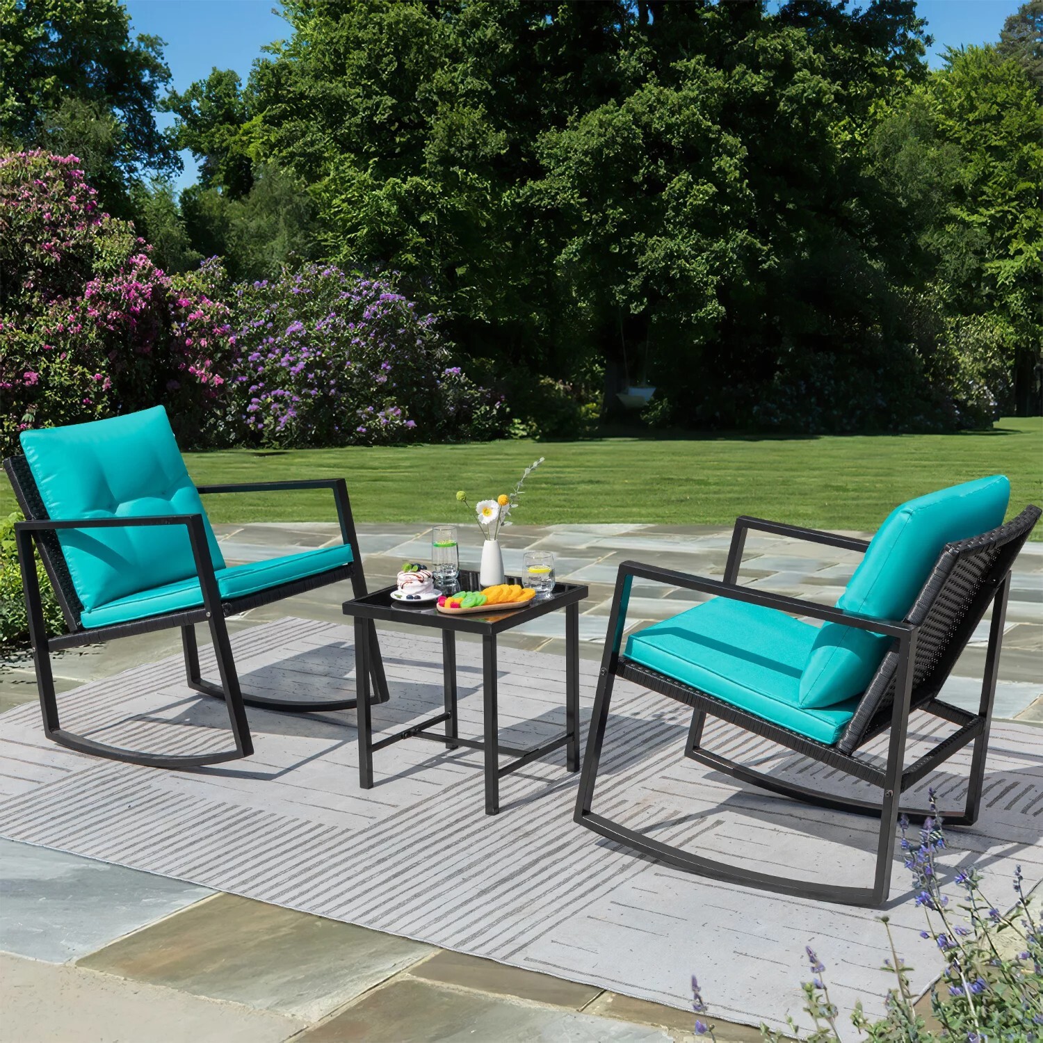 3 Pieces Rocking Wicker Bistro Set, Patio Outdoor Furniture Conversation