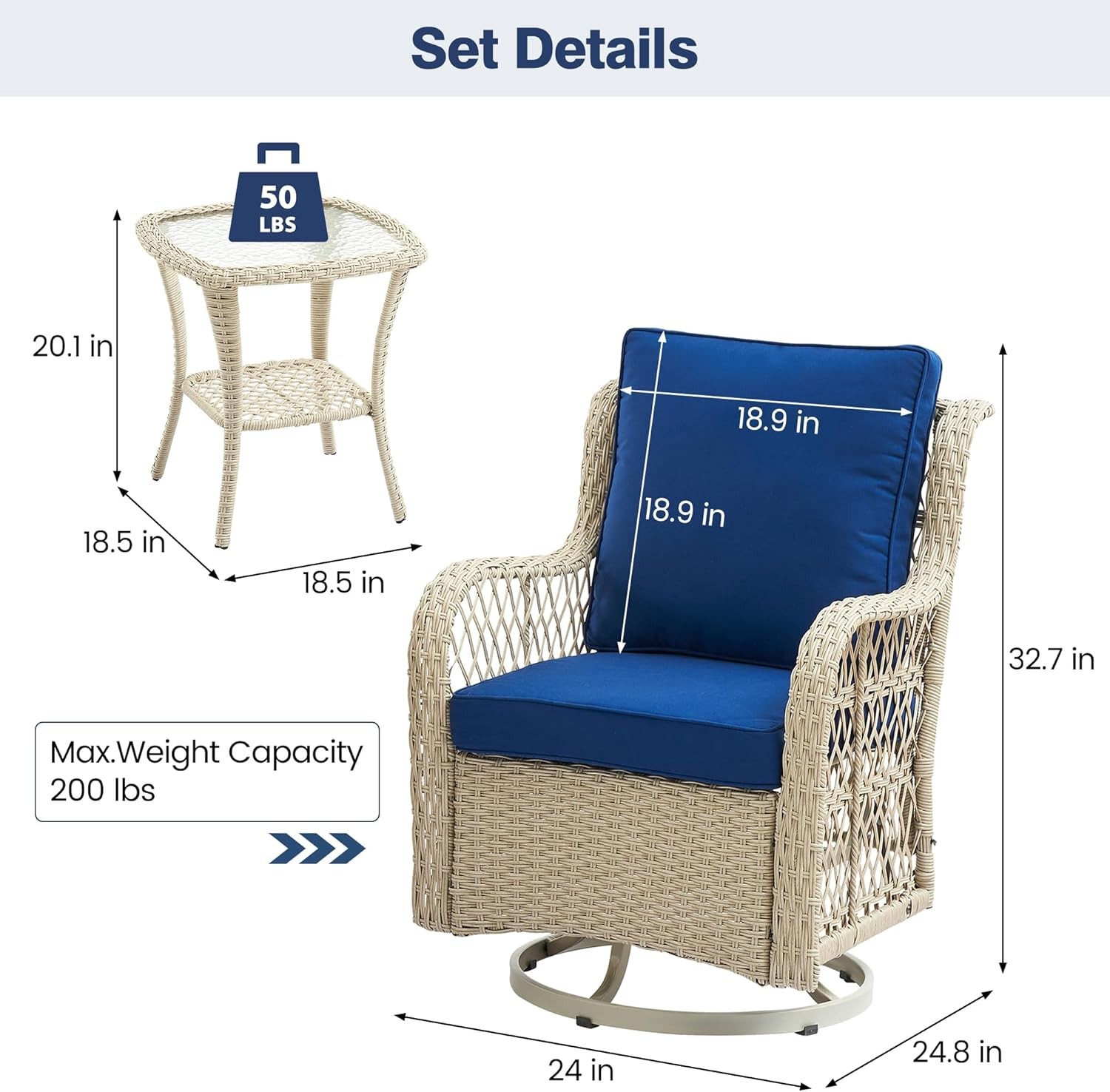3Pcs Outdoor Wicker Swivel Chairs, Swivel Rocking Chair Set of 2 with Side Table