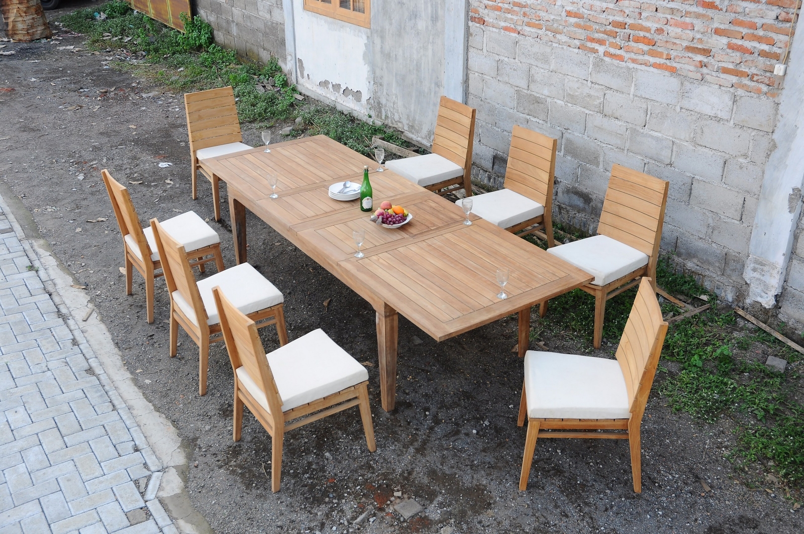 A-Grade Teak 9pc Dining Caranas Rect Table Charleston Stacking Armless Chair Set