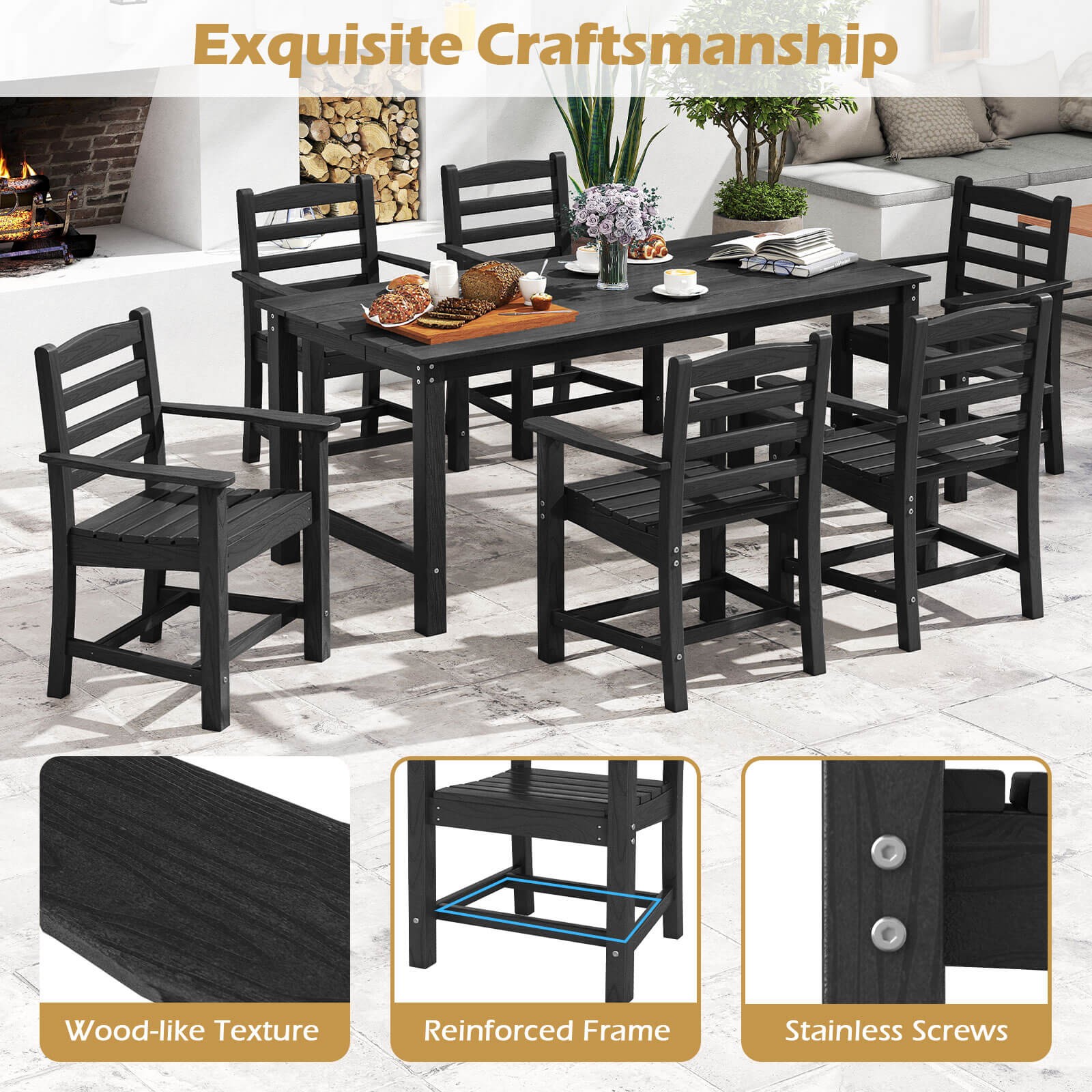 7 PCS Outdoor Dining Table Set for 6 People Rectangle Table & 6 Armchairs