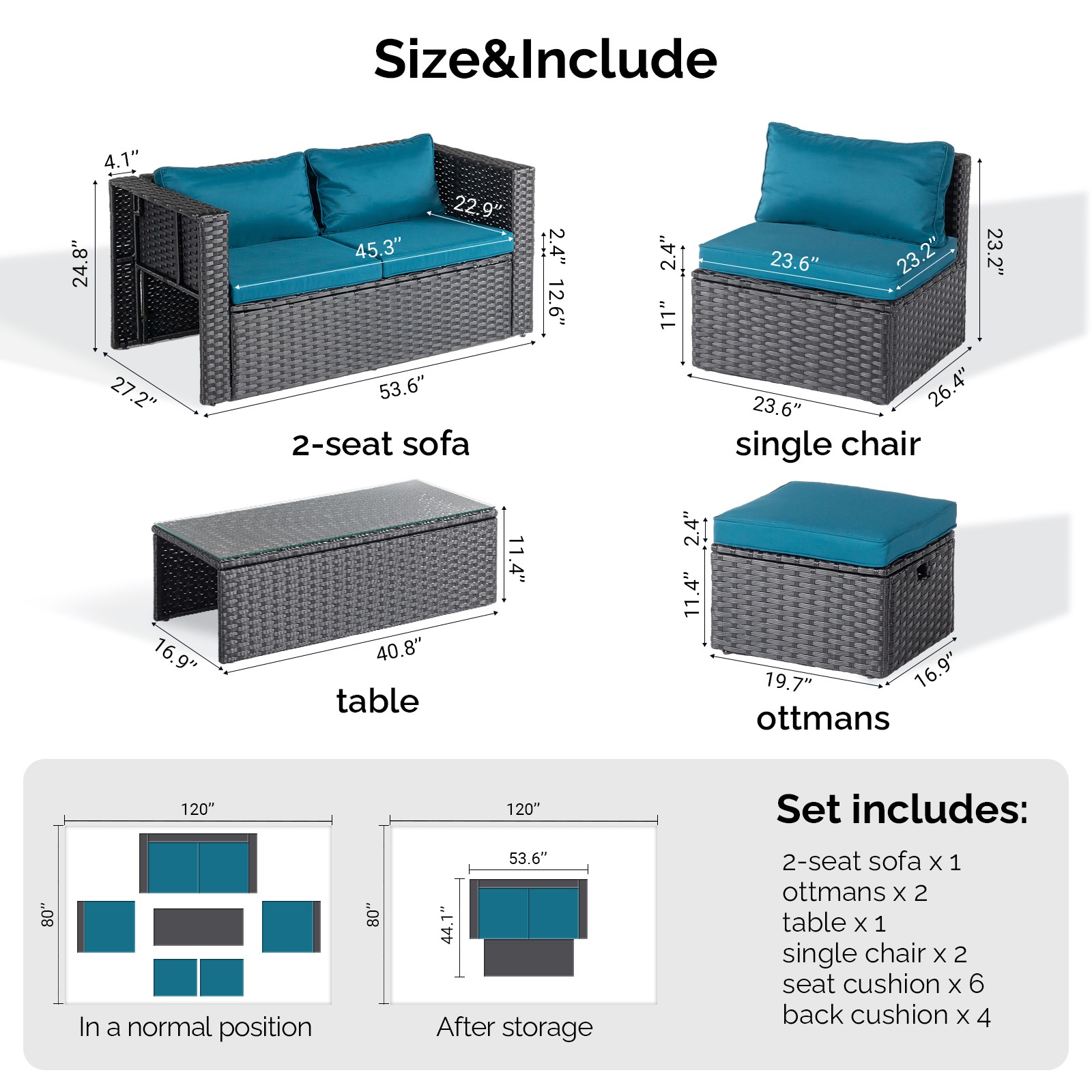 6 Piece Outdoor Patio Rattan Sectional Furniture Chair Set with Table, Footstool