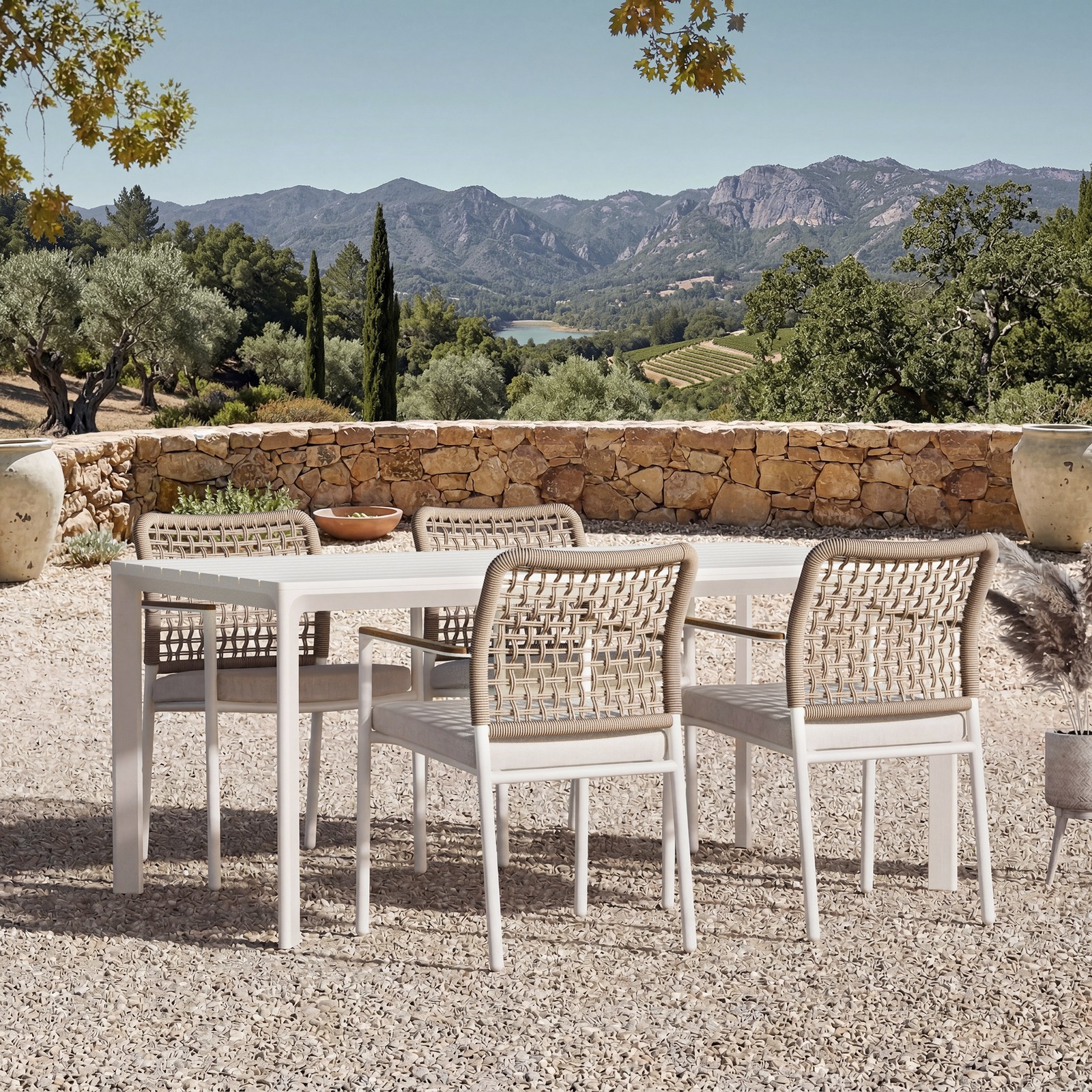 Outdoor Aluminum Dining Table and Chairs Set Fade Resistant Cushions & FSC Teak