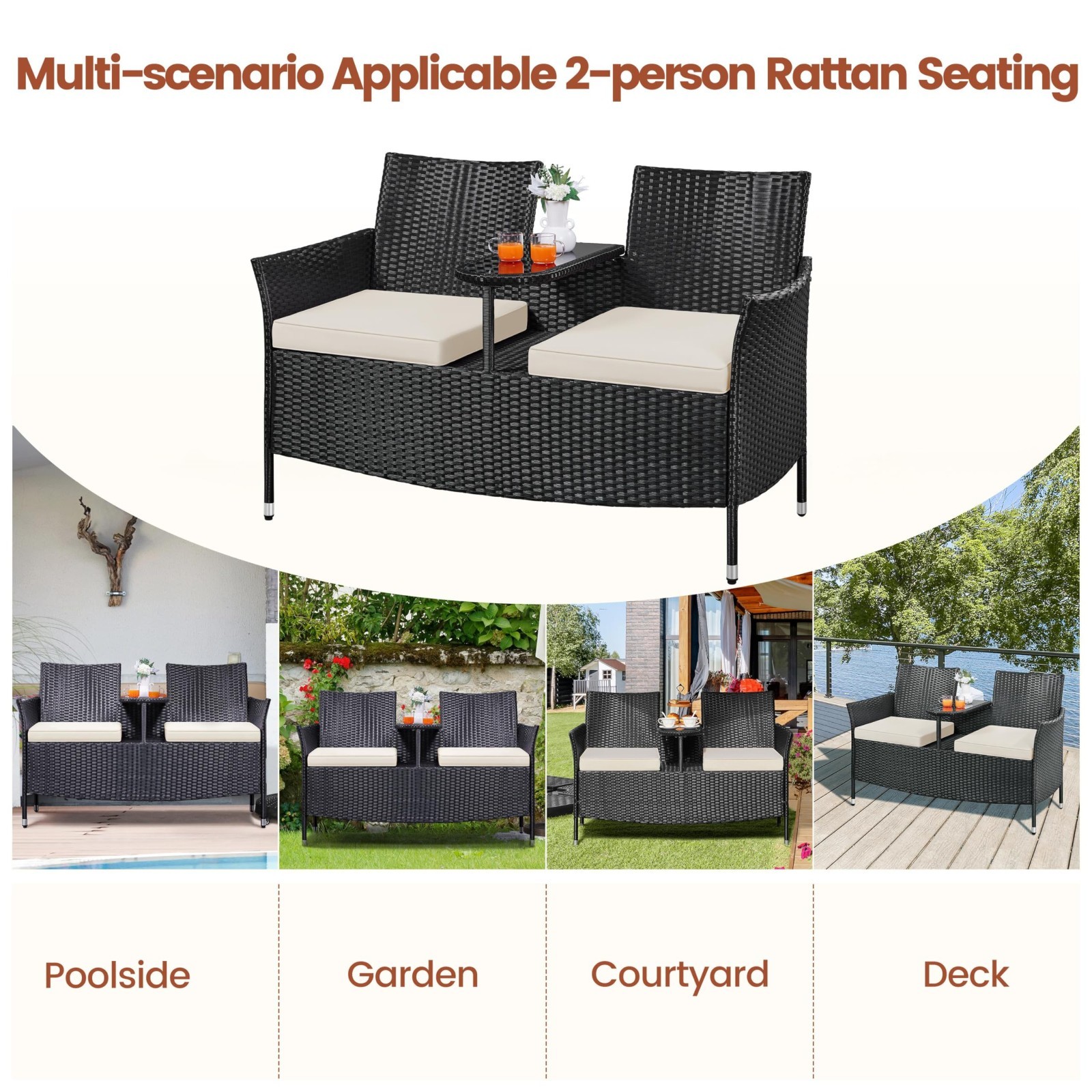 Outdoor Wicker Loveseat Set for 2, PE Rattan Double Chair & Glass Side Table, Cu
