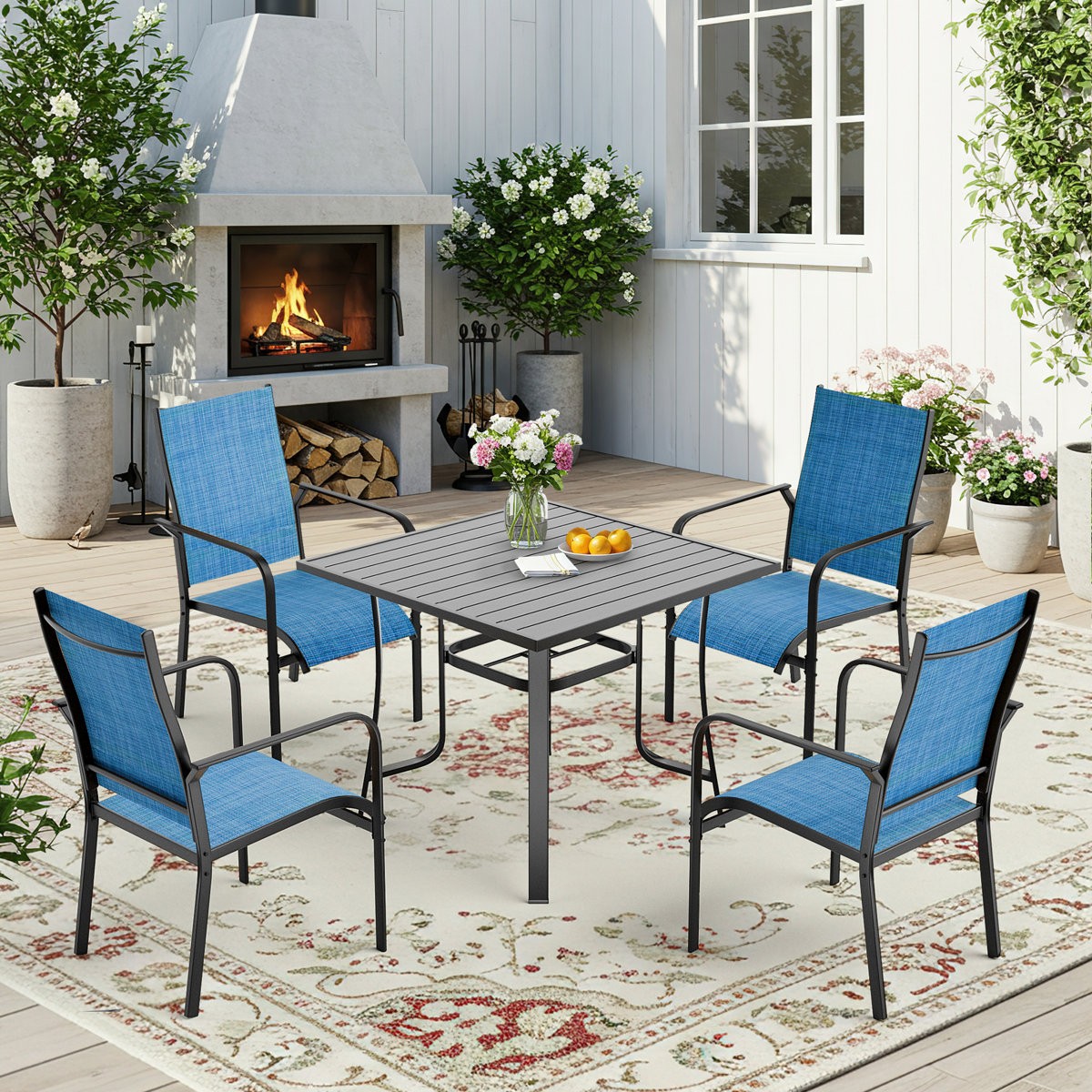 5 Piece Patio Dining Set Expandable Table with Umbrella Hole Metal