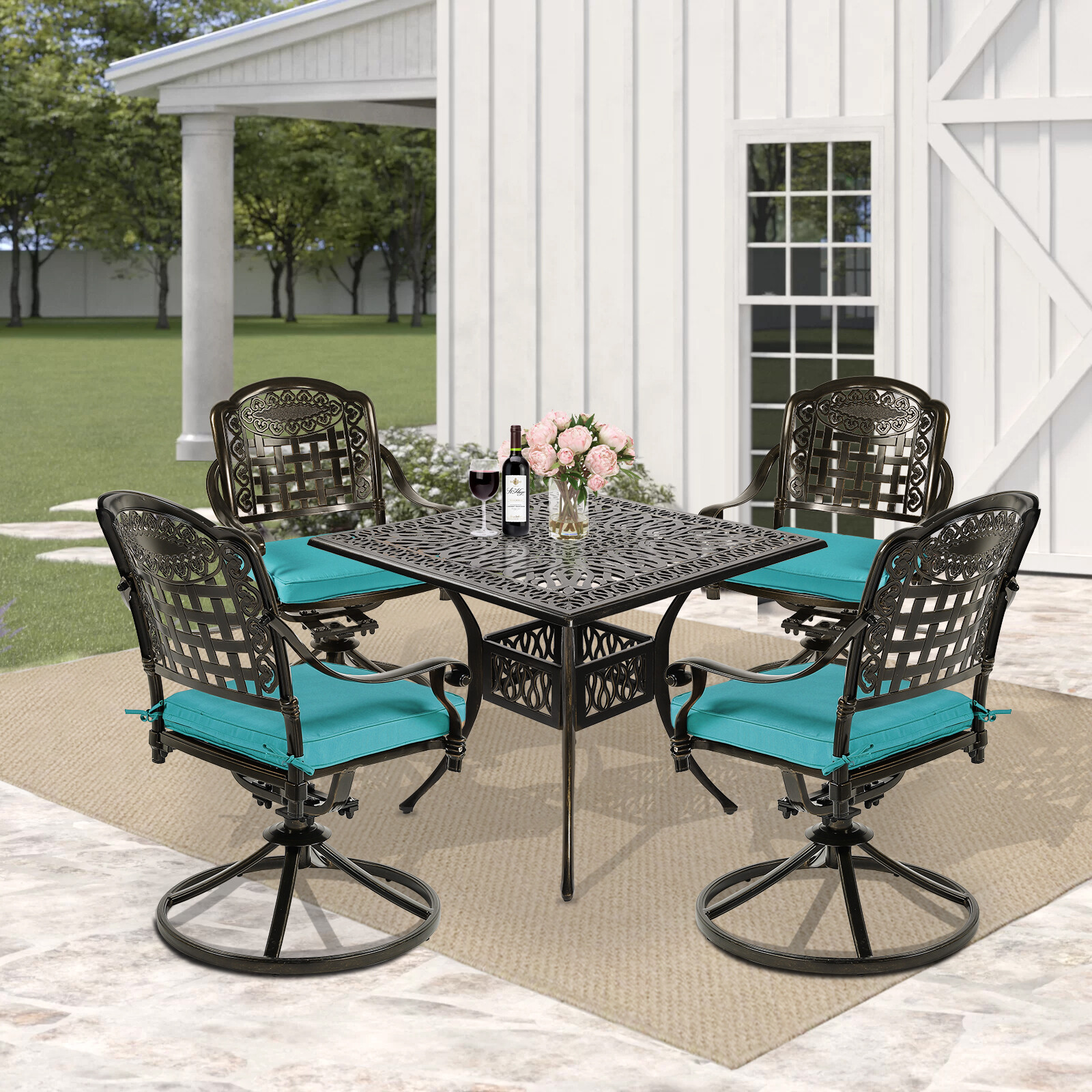 5Piece Patio Conversation Dining Set 4 Swivel Patio Chairs 1 Square Dining Table