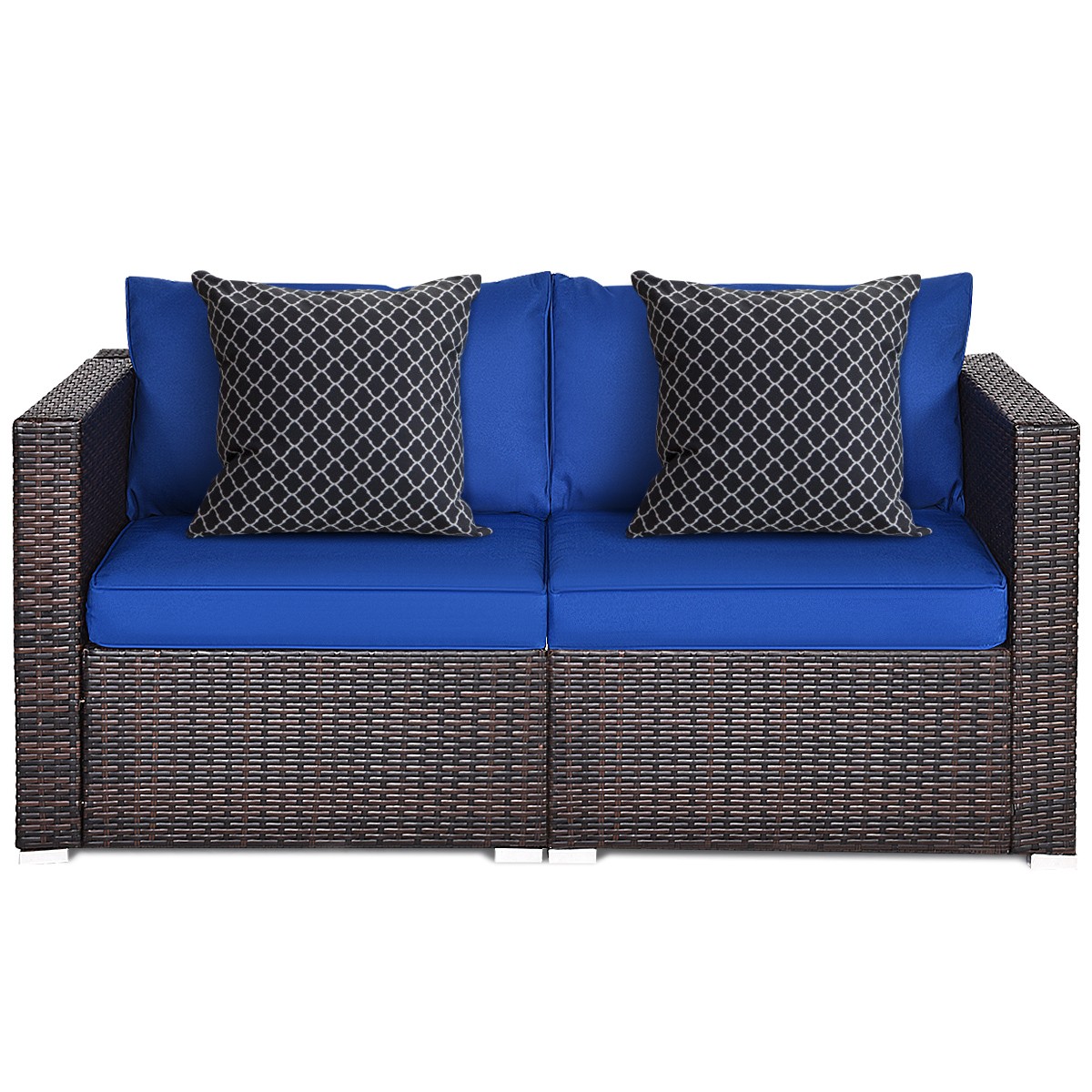 2PCS Patio Rattan Corner Sofa Sectional Furniture Conversation Set Navy Cushion