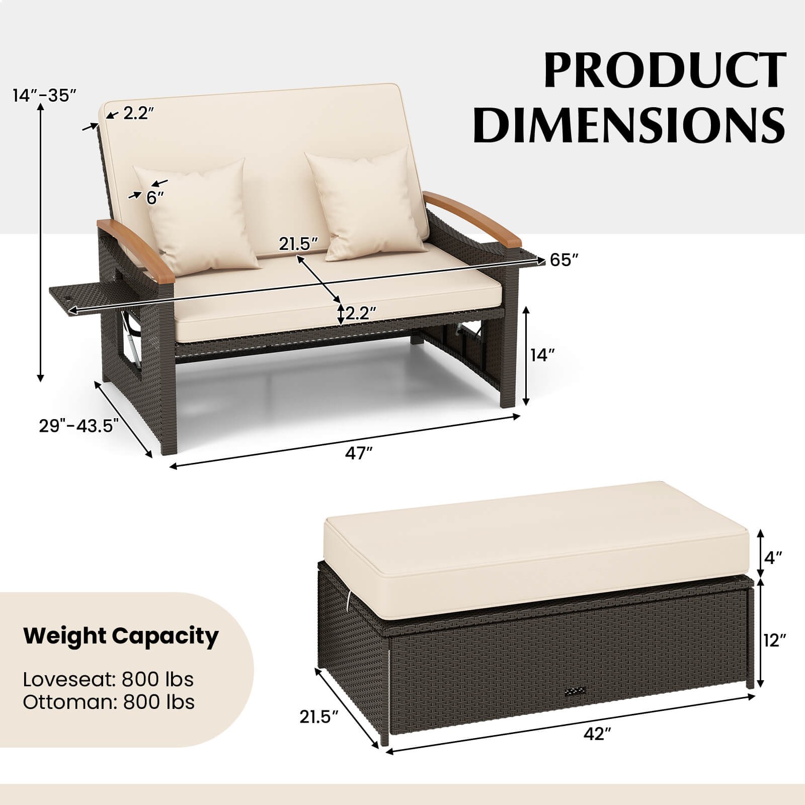 Patio Rattan Daybed Set with Cushioned Loveseat and Storage Ottoman Beige
