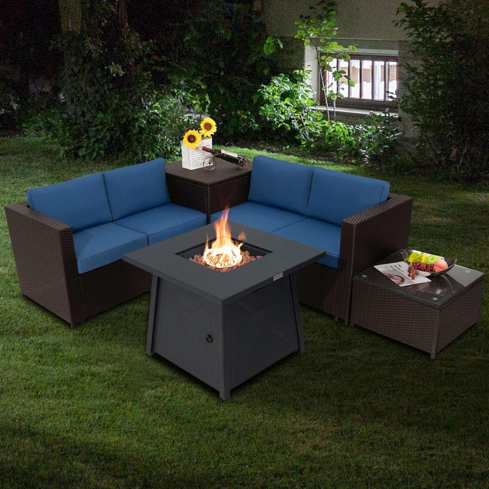 Patiojoy 5PCS Patio Rattan Furniture Set w/ 50,000 BTU Gas Fire Pit &Covers Navy
