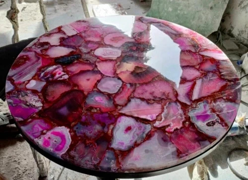 Pink Agate Coffee Side Table Top Handmade Natural Stones Work Home Decor