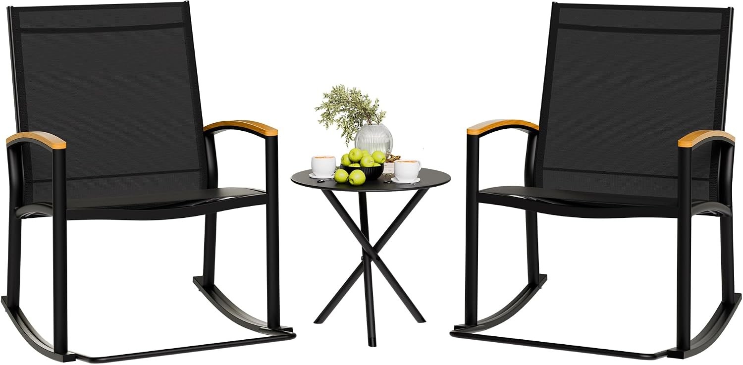 3 Piece Outdoor Rocking Bistro Set Textilene Fabric Small Patio Furniture Set