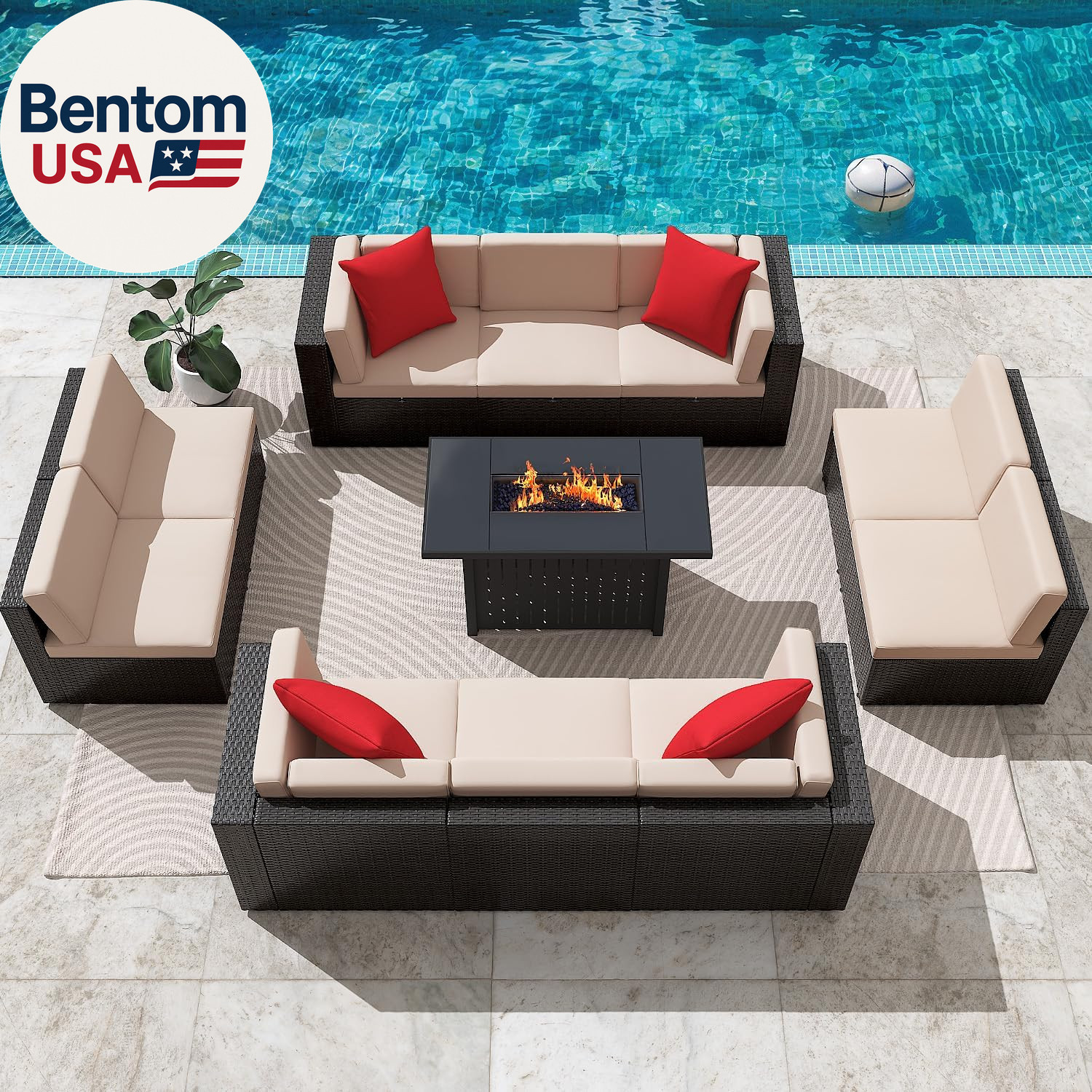 Patio Furniture Sets 11-Pieces Outdoor PE Rattan Sectional Sofa W/43In Gas Fire