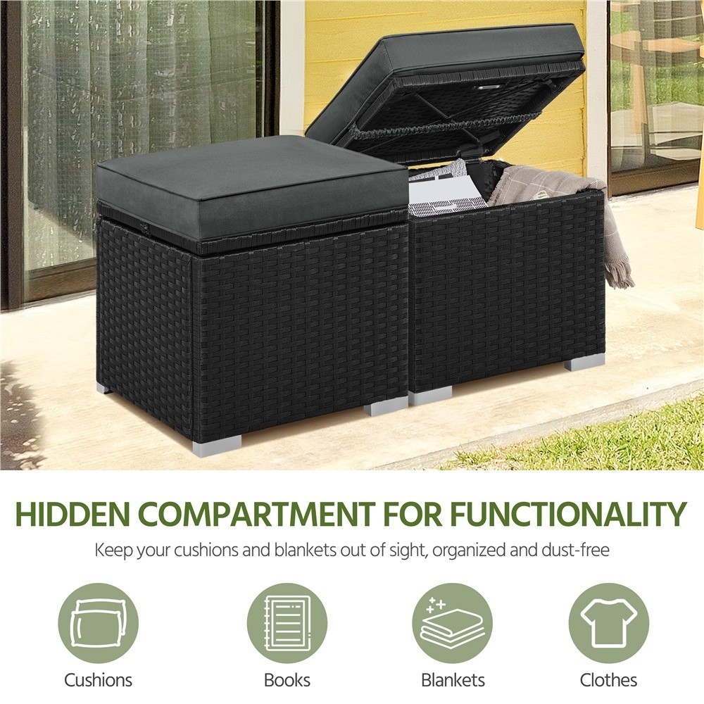Wicker Patio Storage Ottomans with Cushions, Set of 2, Black/Gray