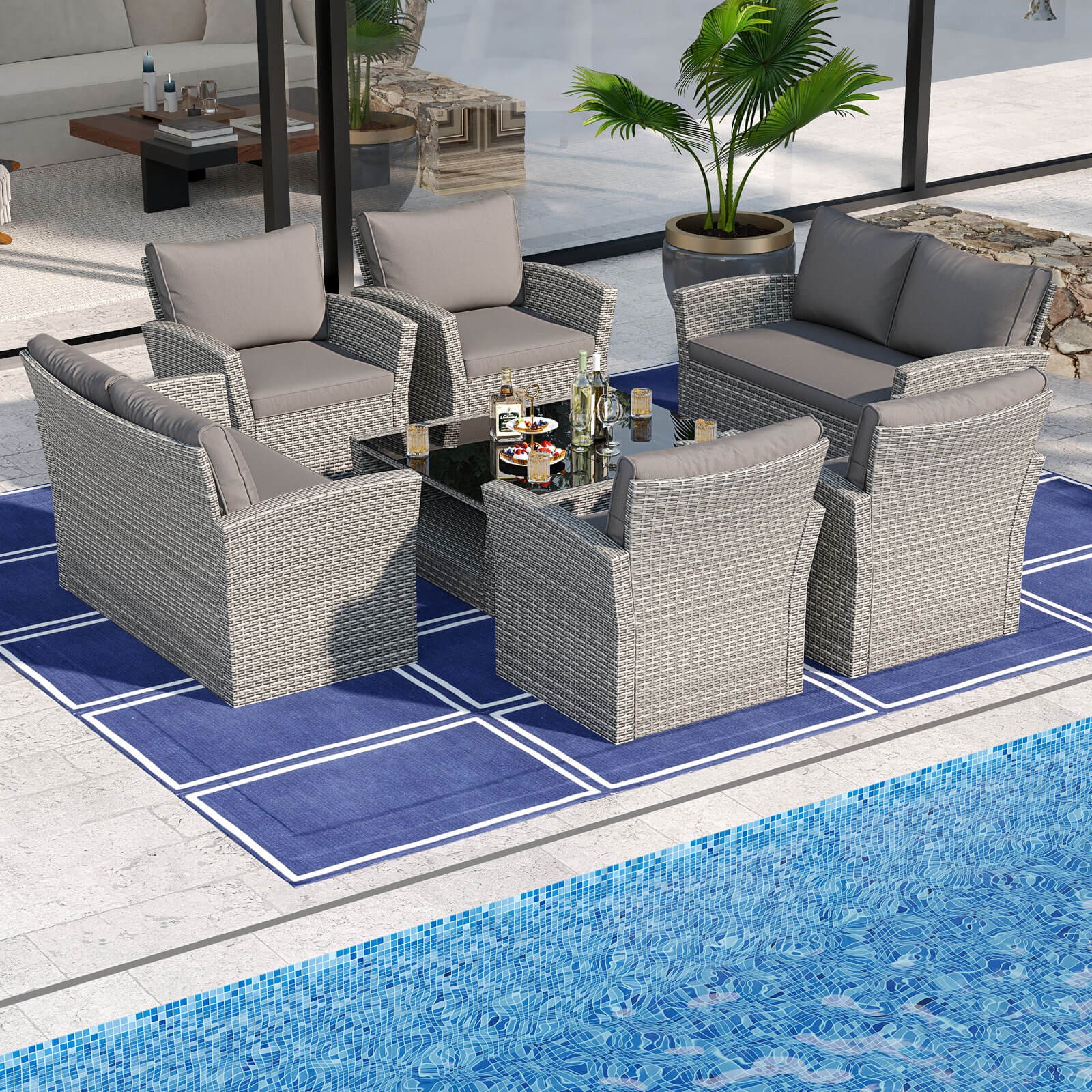 8 PCS Patio Furniture Set w/ 4 Rattan Chairs Loveseat Coffee Table Cushions