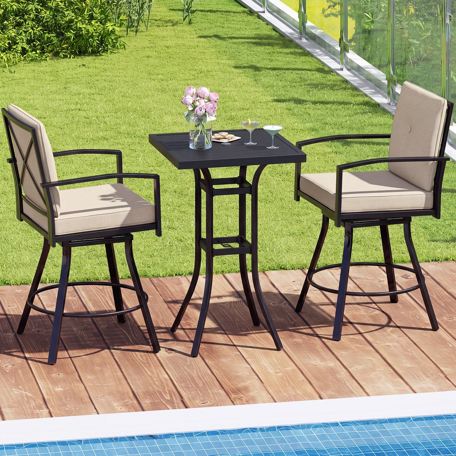 3 Pieces Patio Swivel Bar Set w/Soft Cushions and 1.57” Umbrella Hole for Lawn