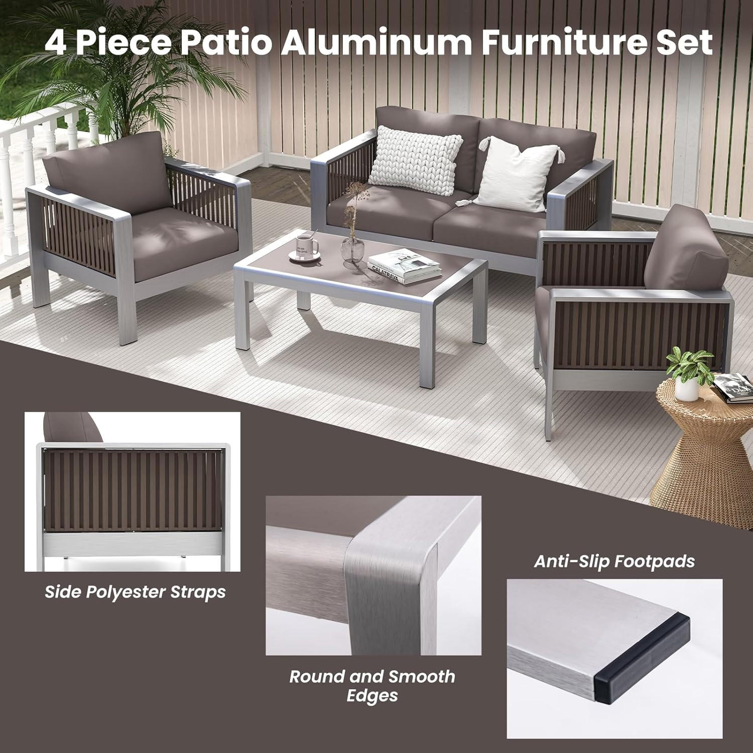 Stylish Gray Aluminum Armchair with Plush Cushions for Outdoor Relaxation