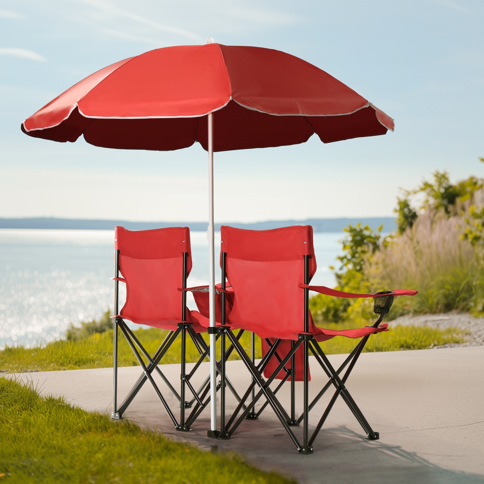 ❄️FREE SHIPPING!❄️2 Foldable Outdoor Chairs & Umbrellas 4 Camping or Tailgating!