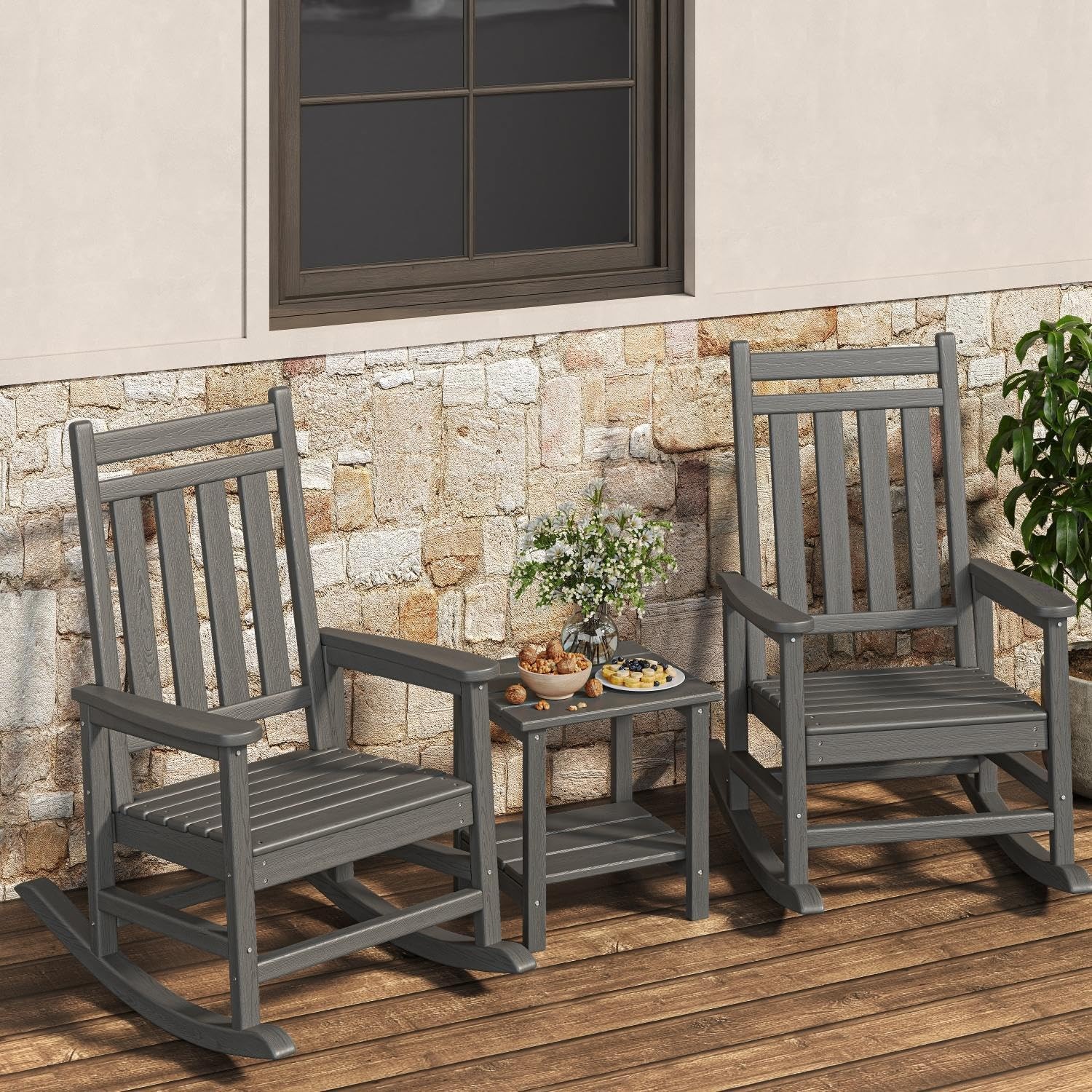 Set of 2 HDPE Rocking Chairs with Side Table, High Back 350 lbs Porch Rockers