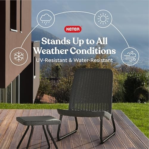 Keter Rio 3 Piece Resin Wicker Patio Furniture Set with Side Table Dark Grey
