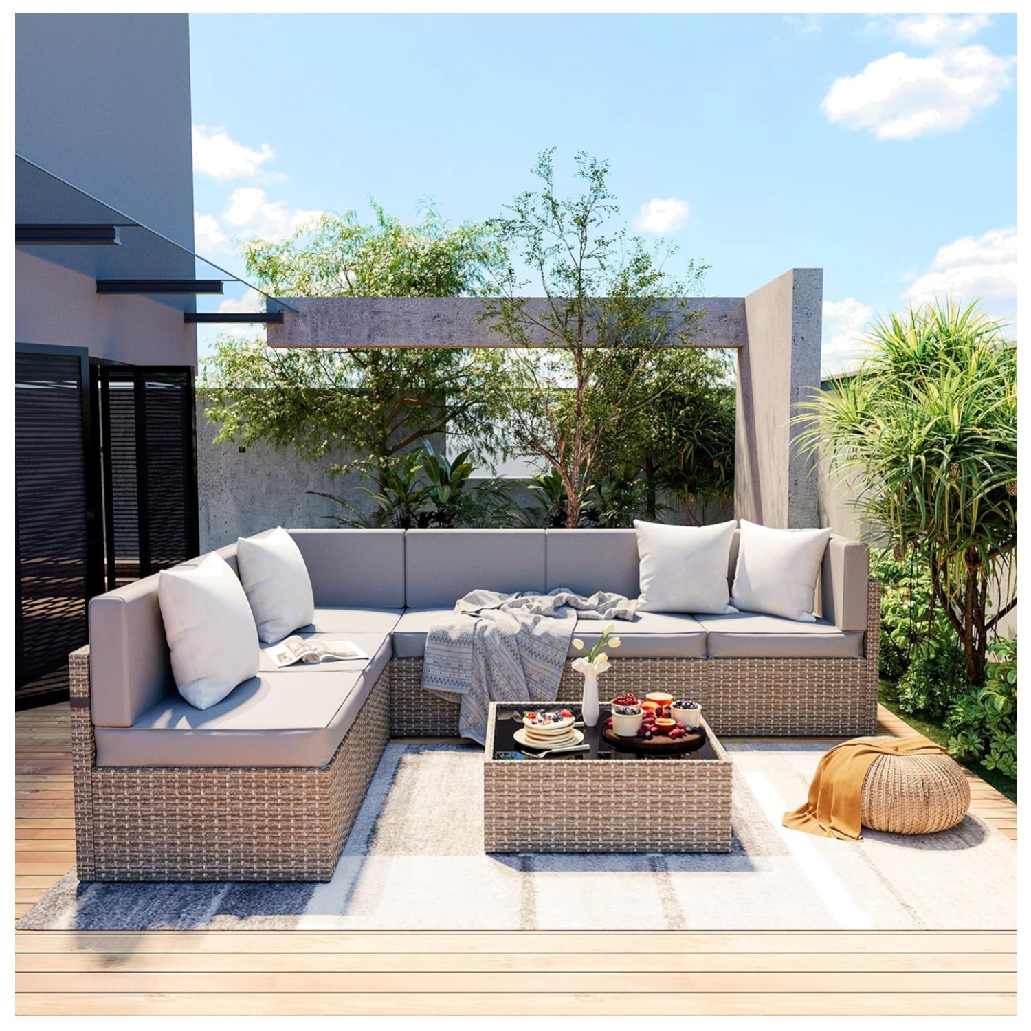 Comfortable 7-Piece Rattan Outdoor Sofa Set with Washable Covers – Modern Design