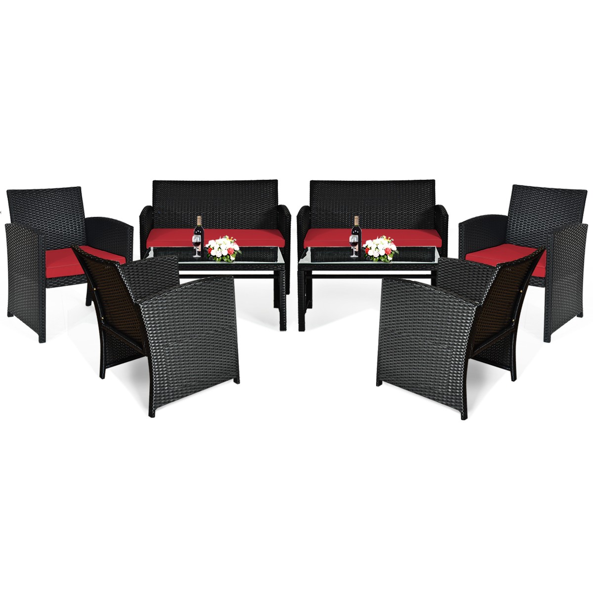 Patio 8PCS Rattan Furniture Conversation Set Cushion Table Sofa Garden Red