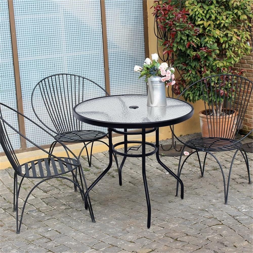 Pemberly Row Patio Round Table Tempered Glass Steel Frame in White