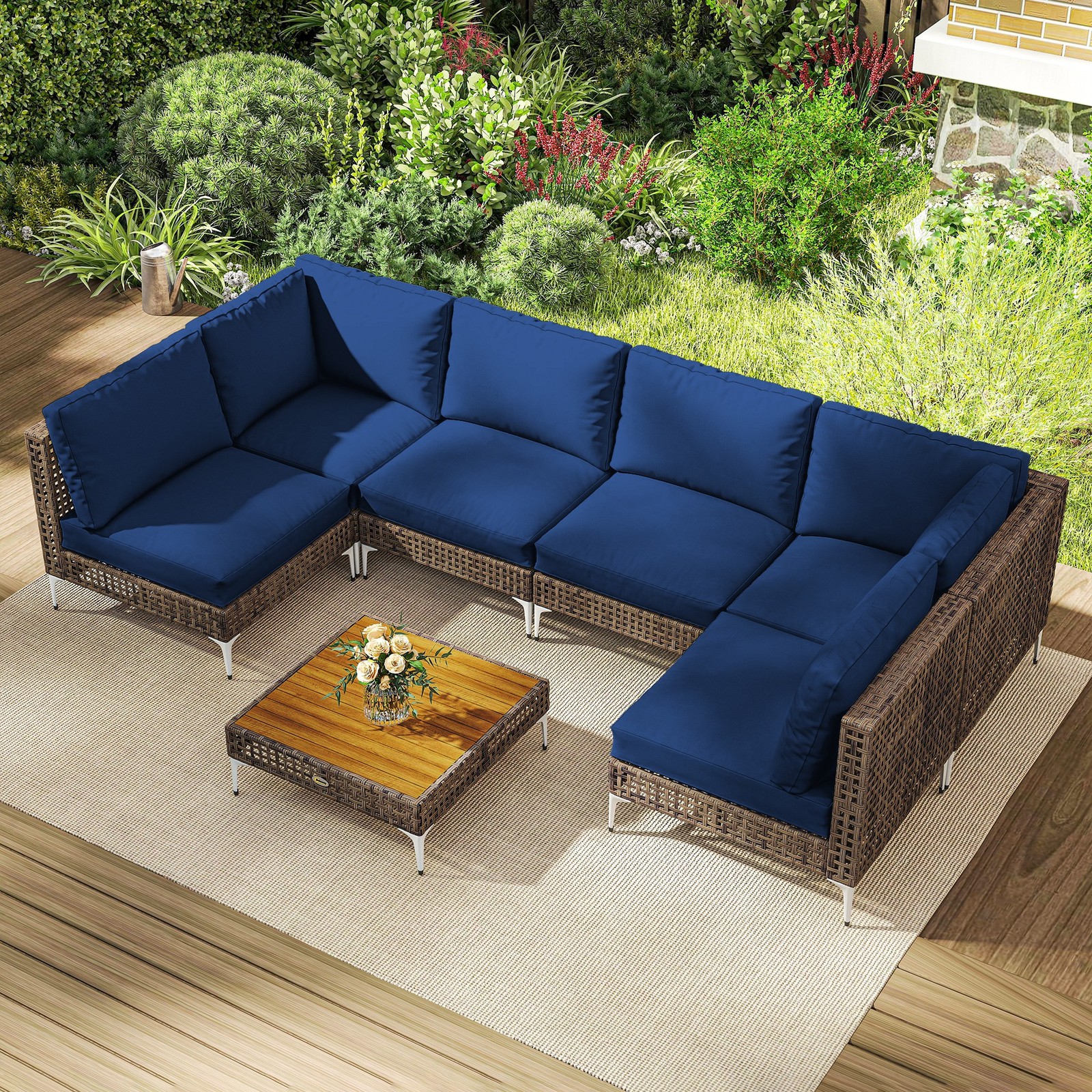 Brown and Blue Outsunny 7 Piece Wicker Patio Furniture Set, Outdoor Sectional