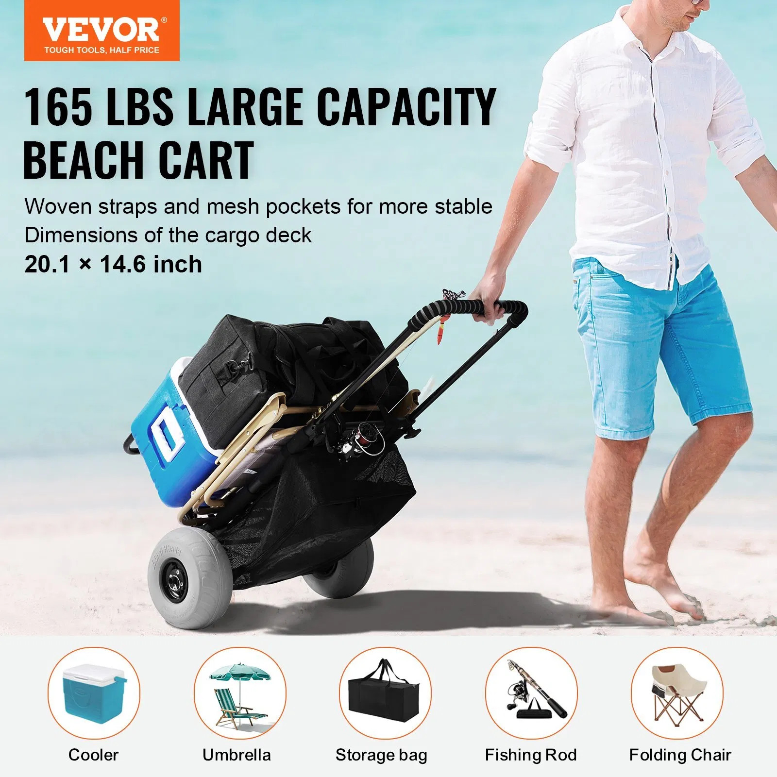 Beach Dolly with Big Wheels for Sand, 20.1″ x 14.6″ Cargo Deck, w/ 9″ Balloon W