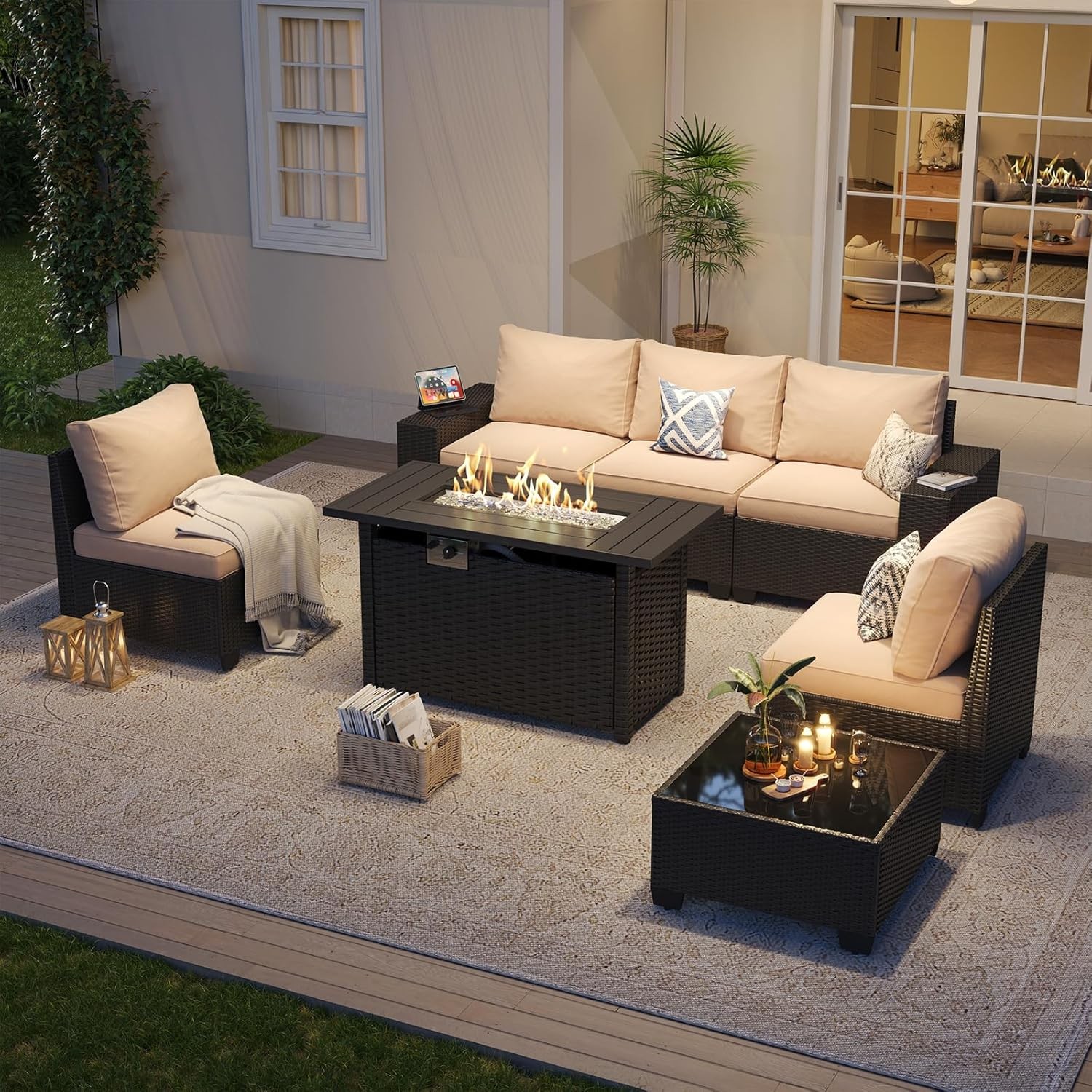 7 Pcs Patio Furniture Set 44” Fire Pit Table Outdoor Sofa Set 4in Cushion Table
