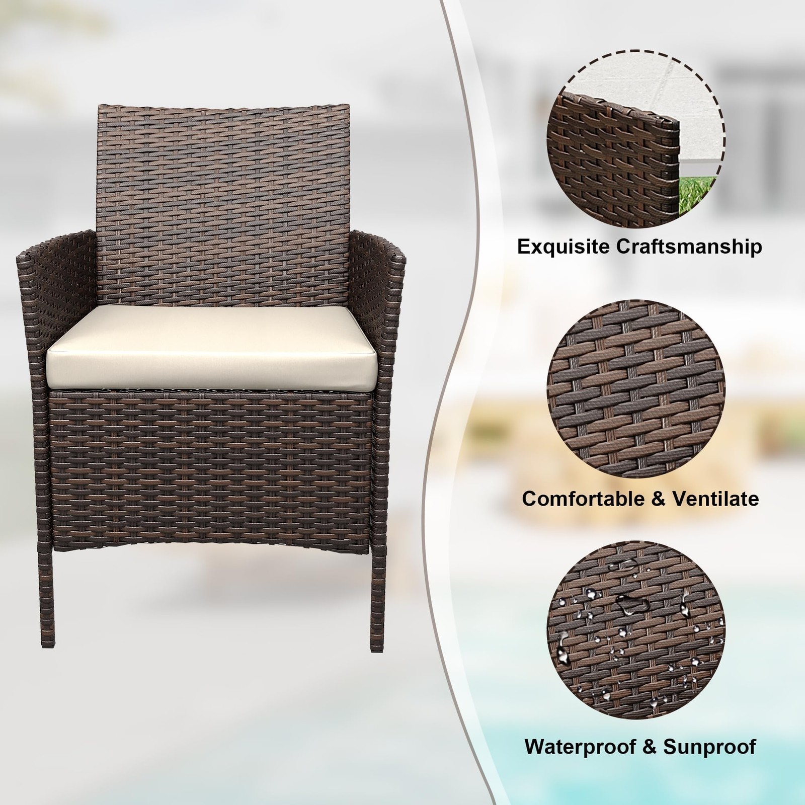 3-Piece Outdoor Patio Furniture Set, Wicker Chair & Soft Cushions w/Coffee Table