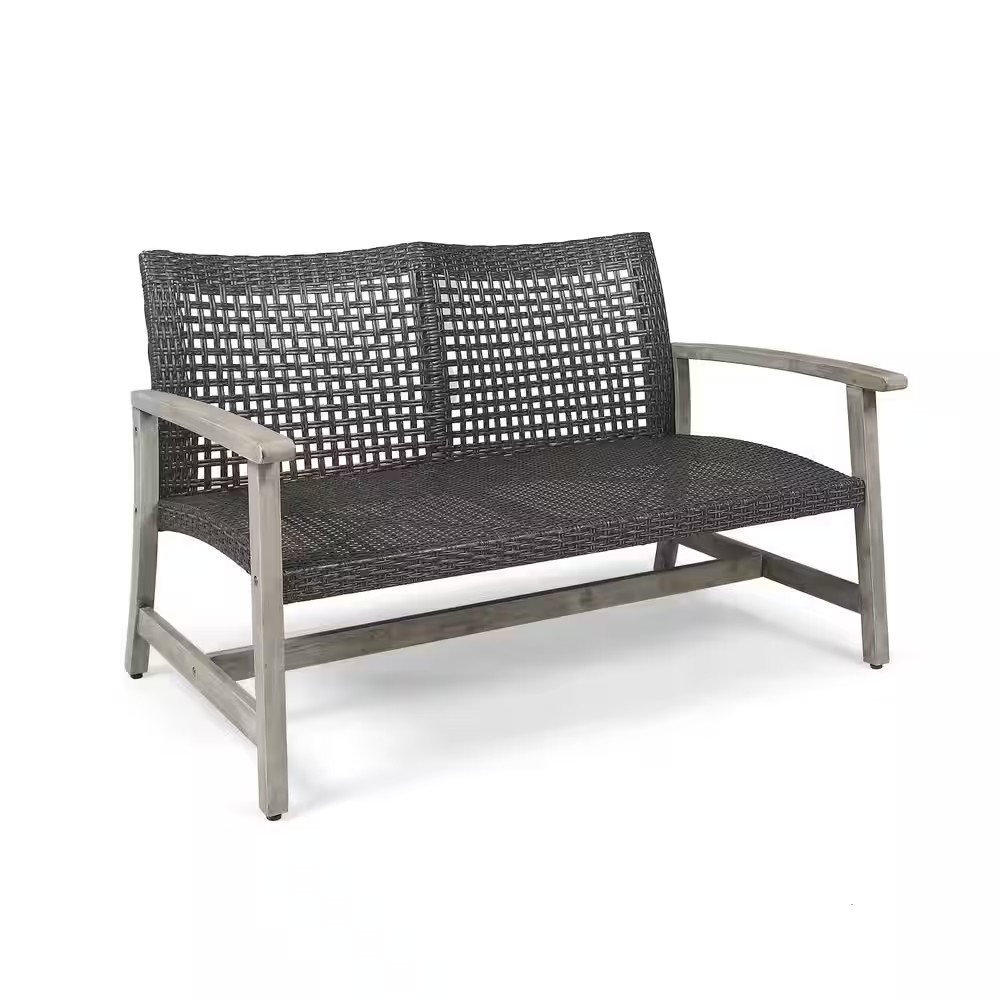 Dark Gray 1-Piece Acacia Wood Handcrafted Outdoor Loveseat with Iron Accents and