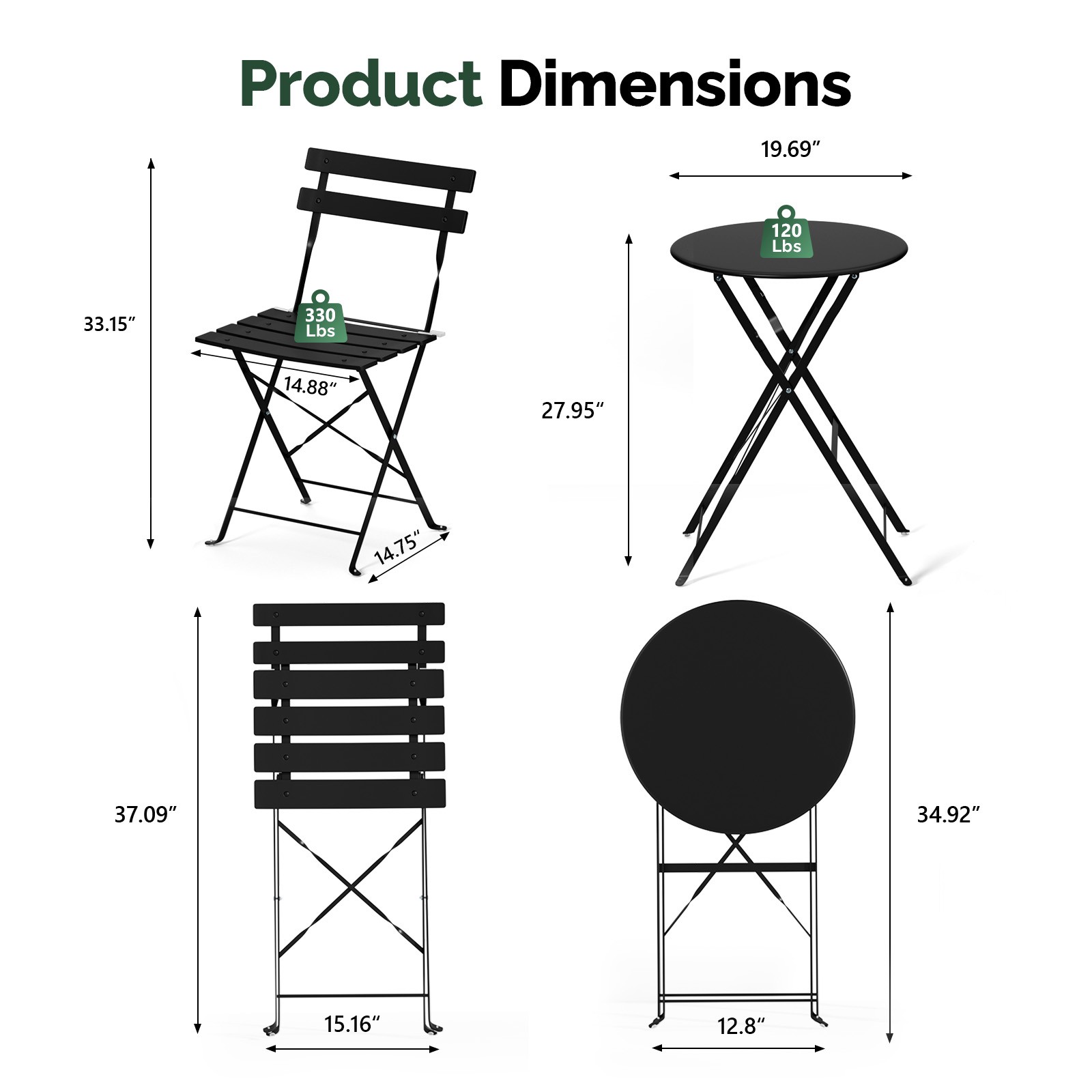 Folding Bistro Table, Chairs Dining Set 3Piece with Seat Cushions for In/Outdoor