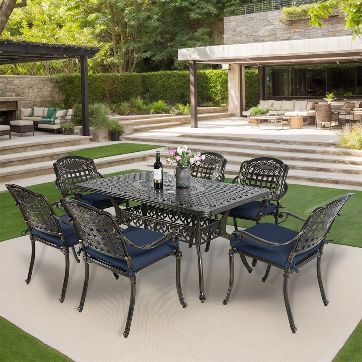 7 Piece Outdoor Dining Table and Chairs Set with 6 Stackable Chairs, Large Table