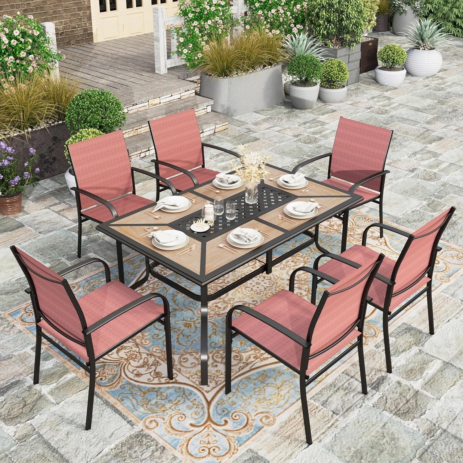 7 Piece Patio Furniture Set Outdoor Dining Set w/ 6 Chairs Rectangle Table Red