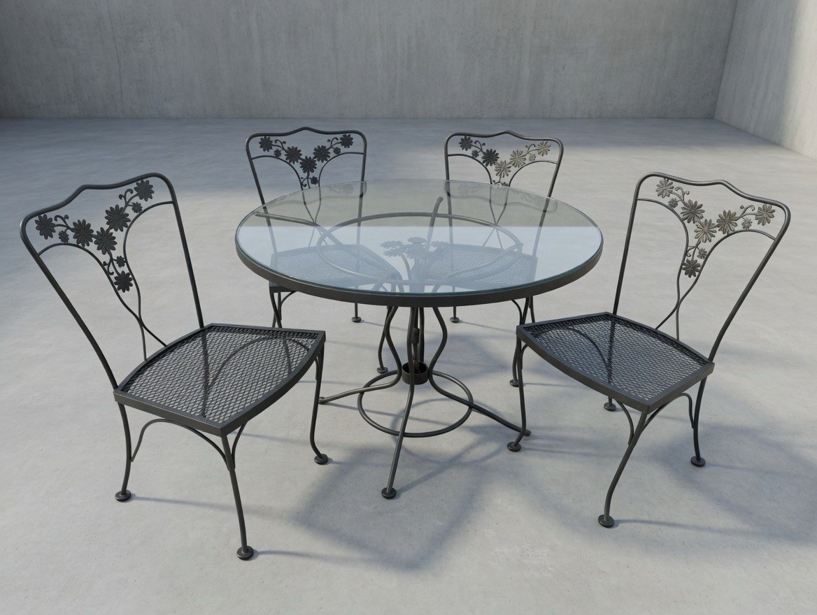 Vntg Wrought Iron Woodard Daisy Outdoor Patio Set Round Glass Table & 4 Chairs