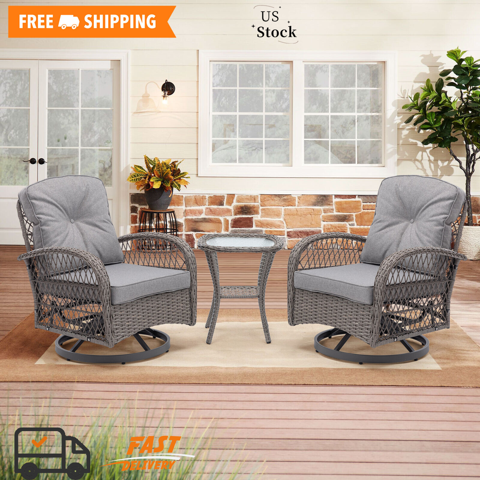 3pc Outdoor Swivel Rocker Patio Chairs 360° Rocking Set with Thick Cushions
