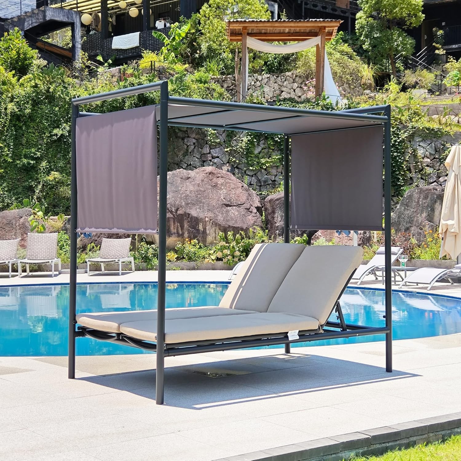 Domi Outdoor Patio Double Daybed w/Adjustable Canopy Bed,Backrest&Cotton Cushion