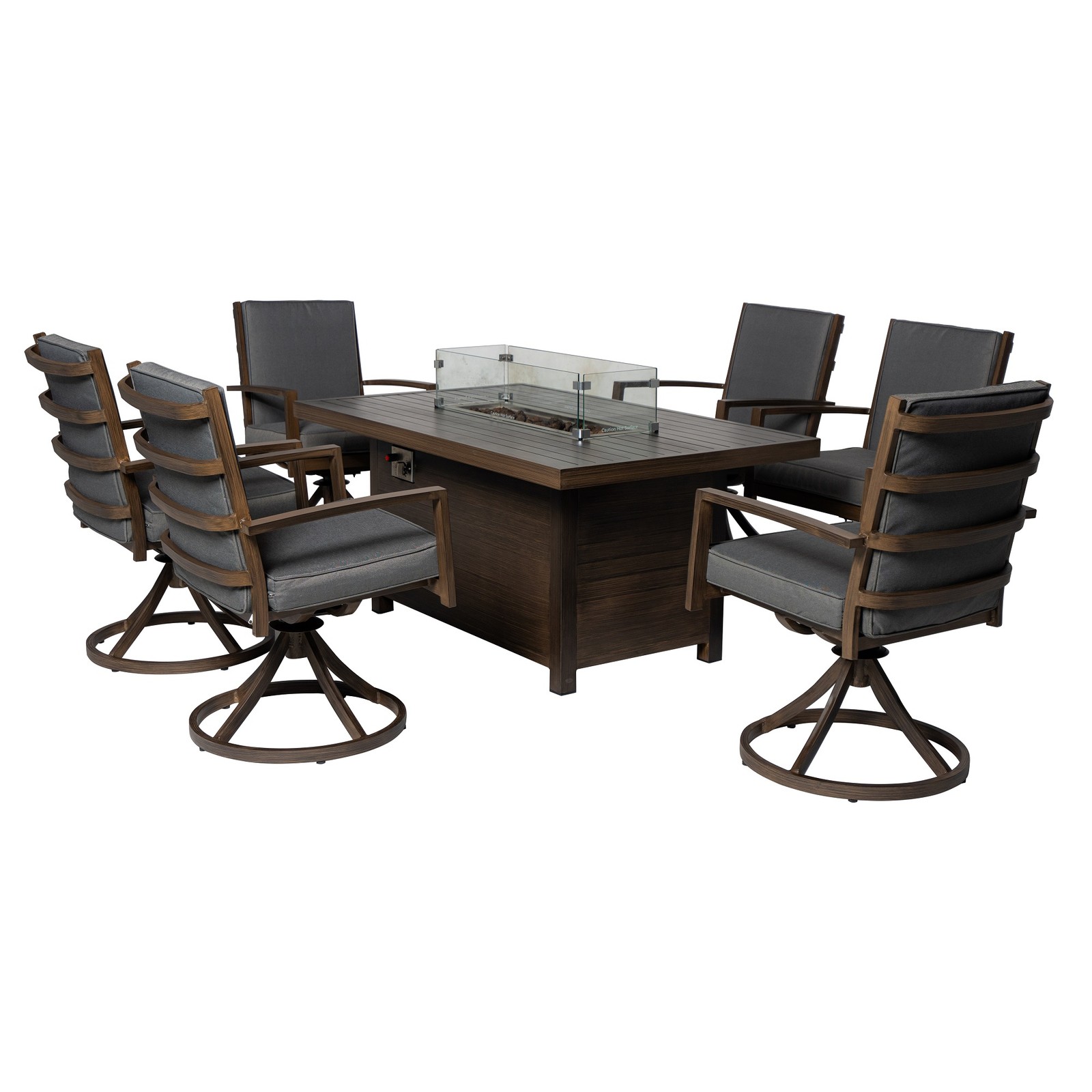 Aluminum Outdoor Dining Set with Fire Pit Table & 6 Swivel Chair Padded Cushion