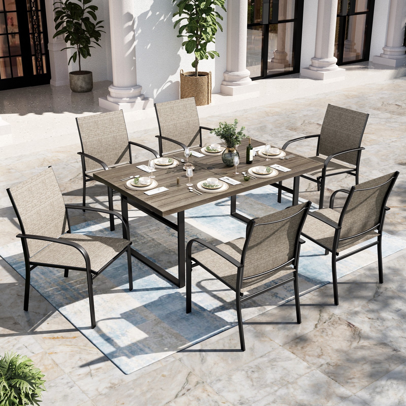 7 Piece Patio Dining Set Outdoor Table Chairs Set Table with Umbrella Hole