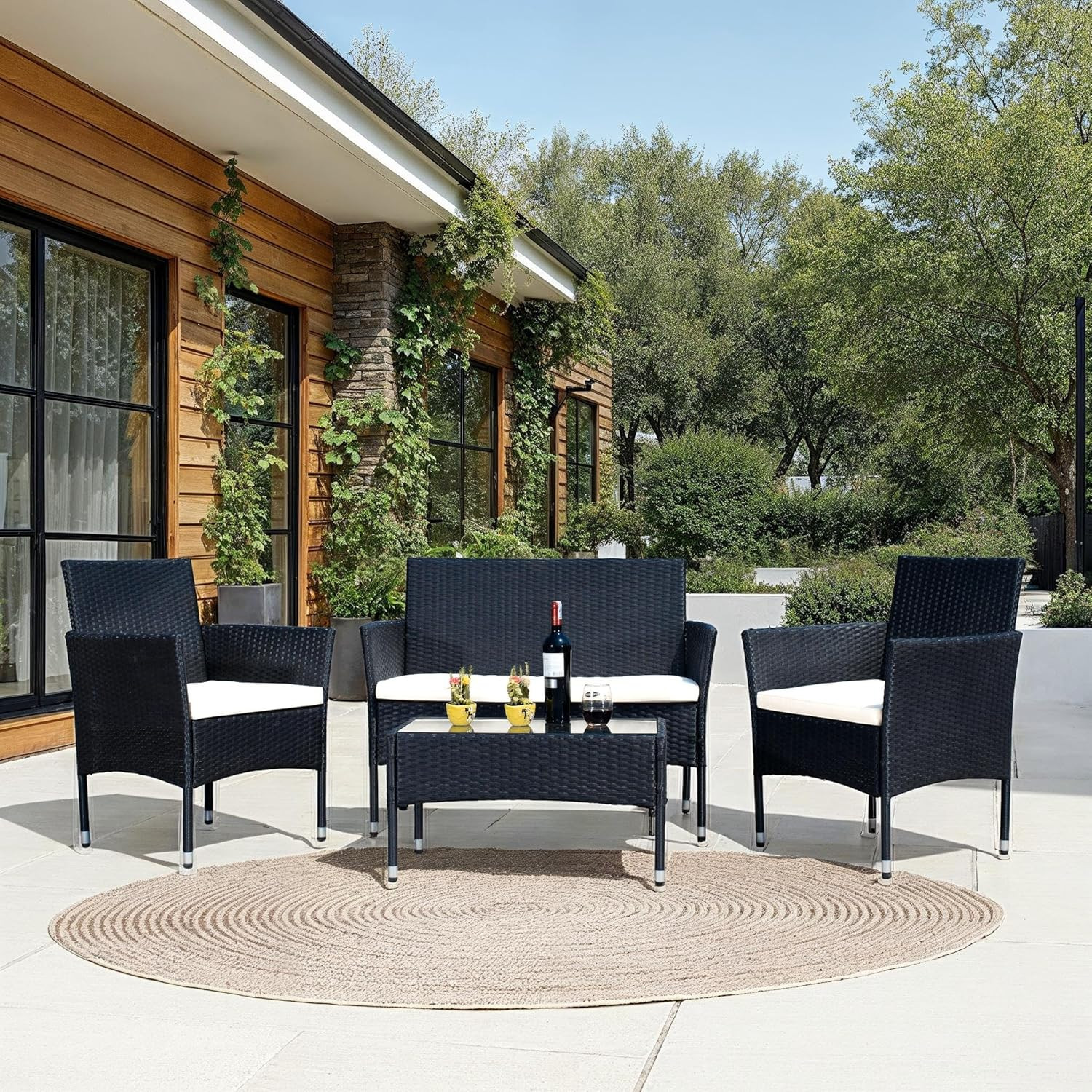PAT7504A Collection Abdul Black and Beige 4-Piece Outdoor Living Patio Set
