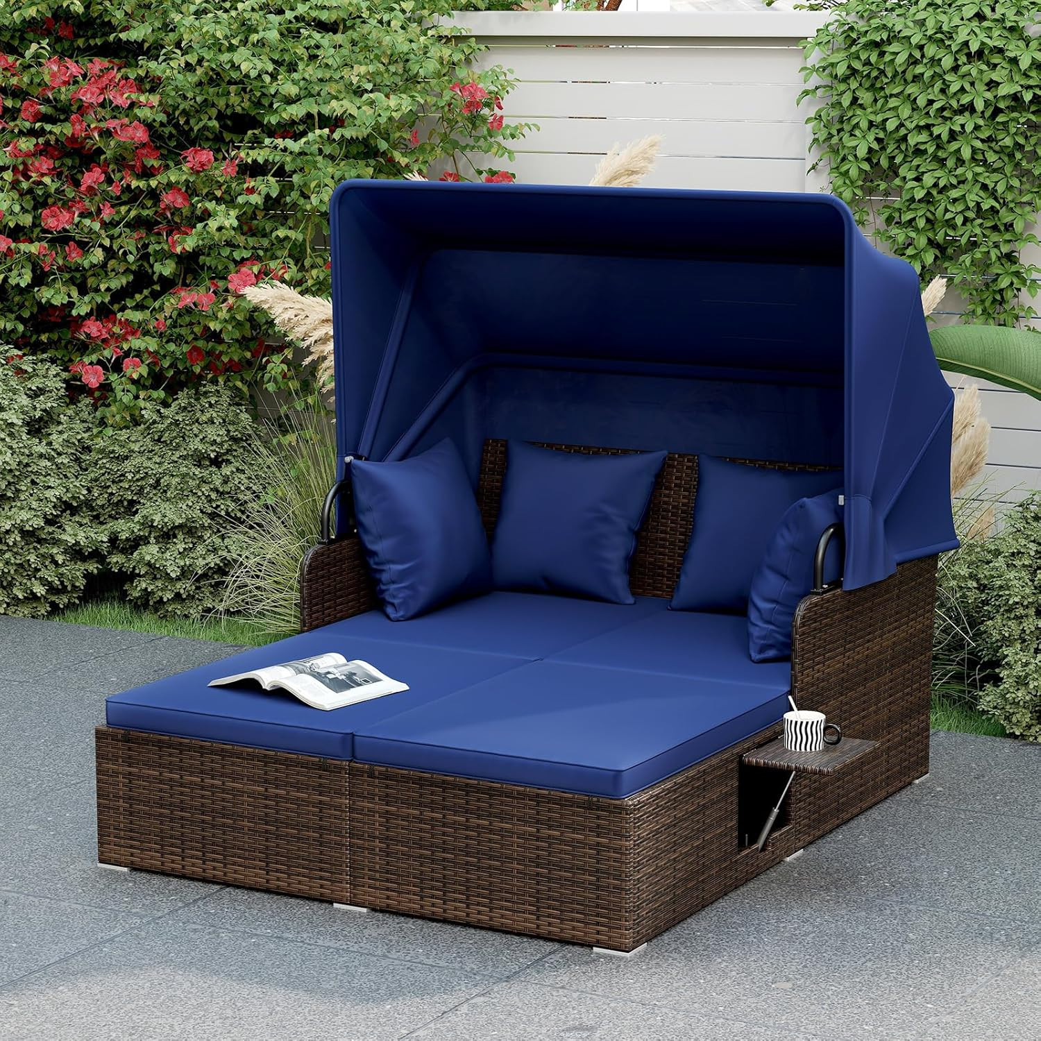 Patio Outdoor Daybed with Canopy, Wicker Rattan Sunbed W/Cushions, Pillows & R