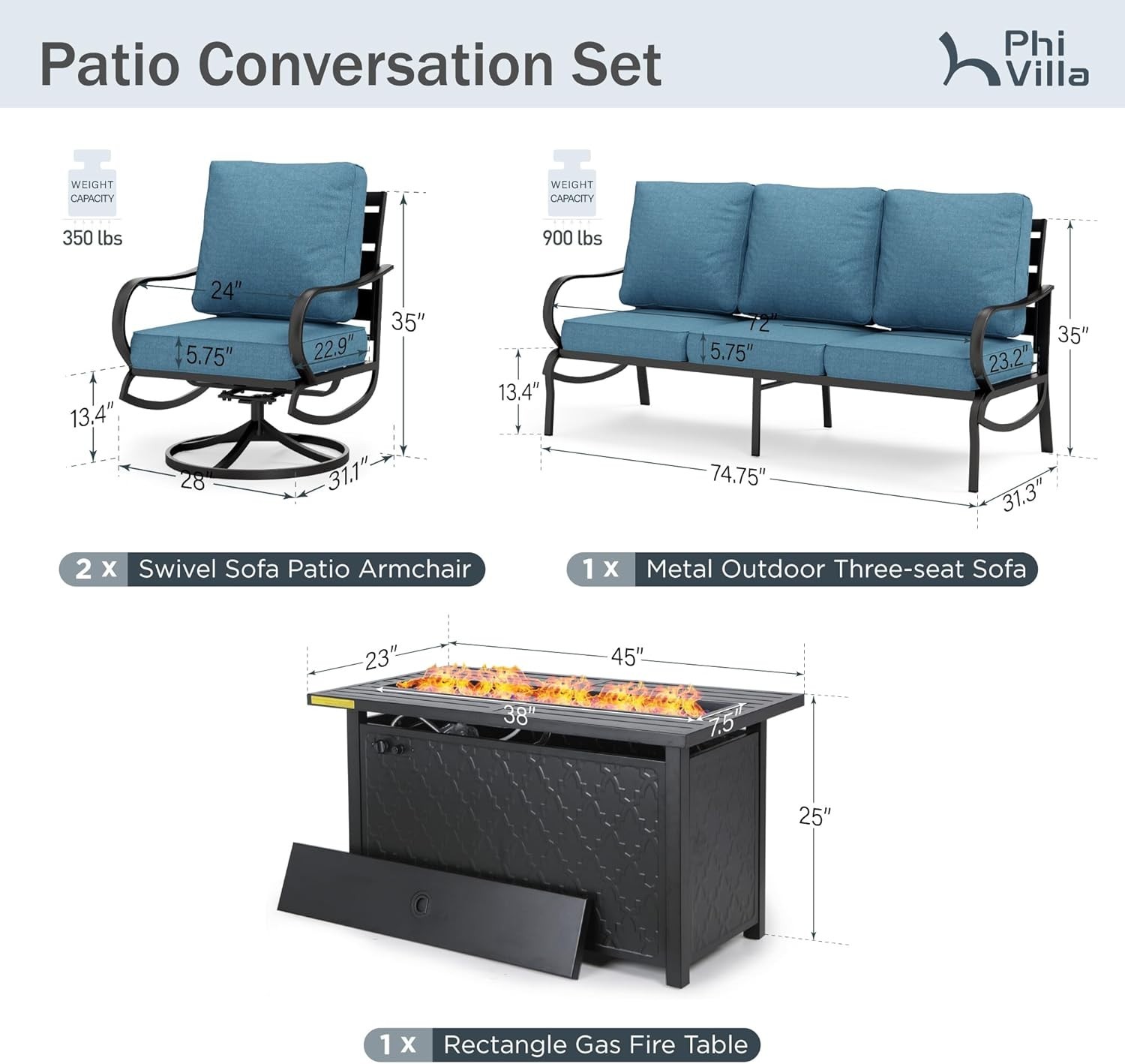 4 PCS Patio Furniture Set Garden Lawn Outdoor Set With Gas Fire Pit Table Heater